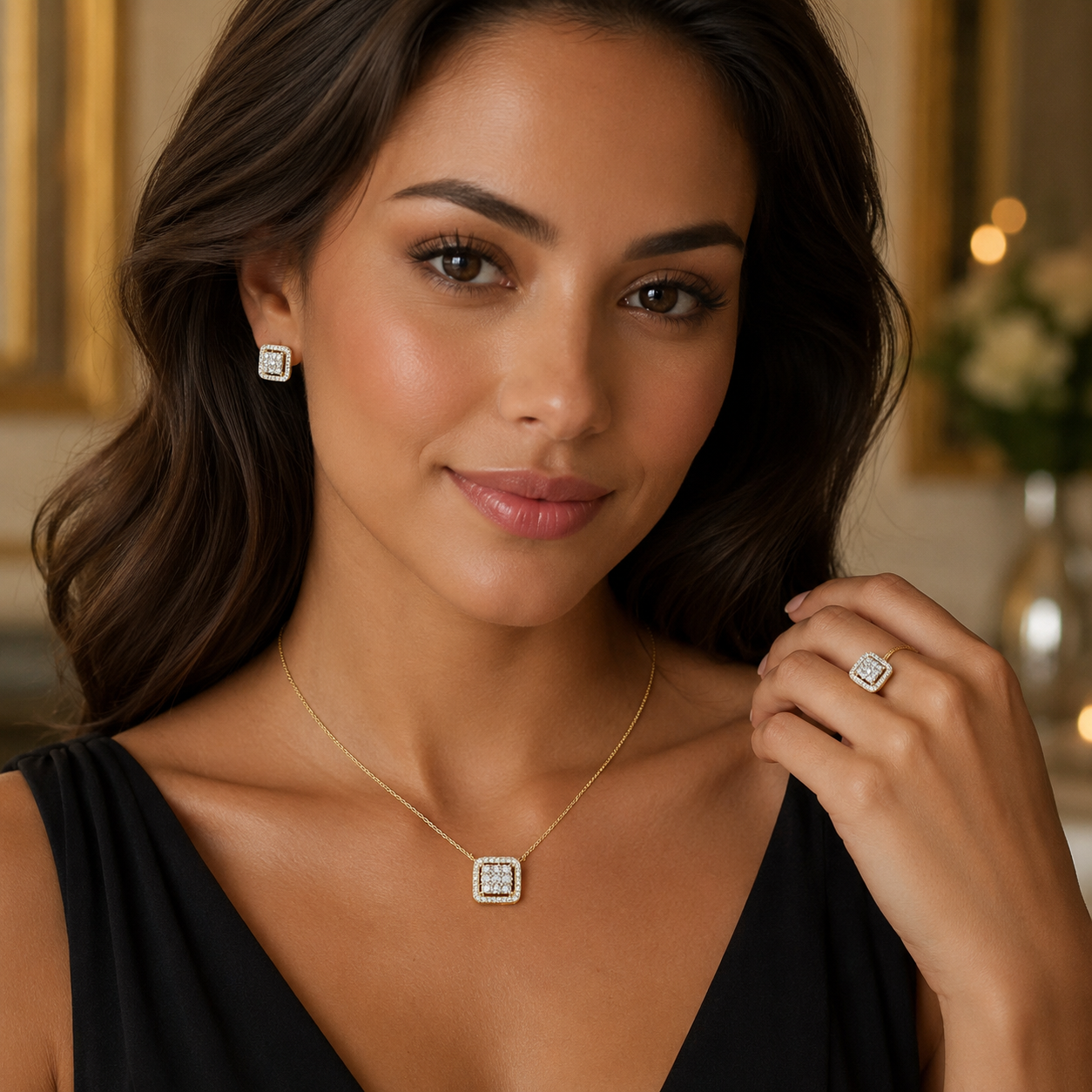 ✨ Aurora Square Sparkle Set – 18K Gold-Plated ✨