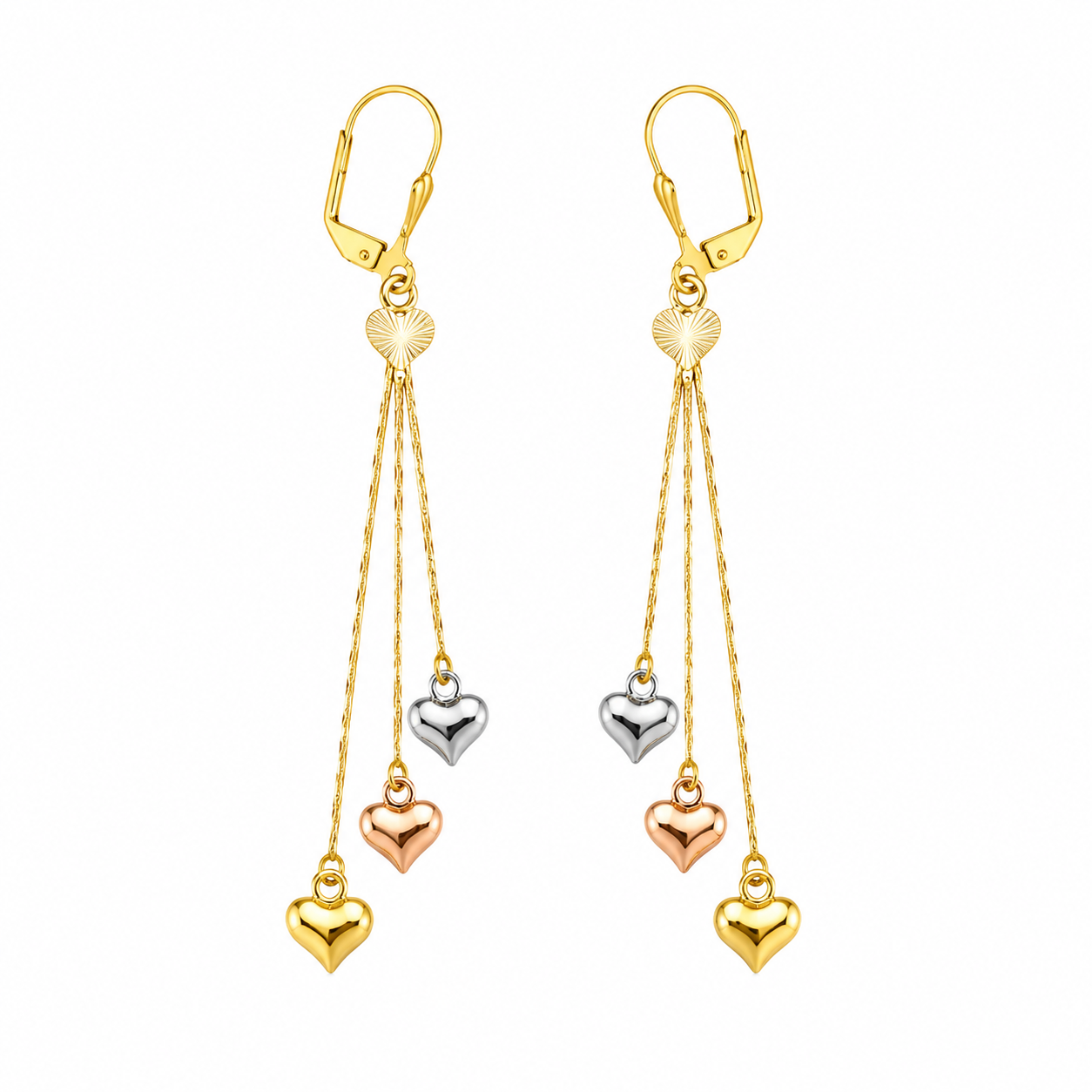 Triple Heart Drop Earrings – Gold, Silver & Rose Gold Plated