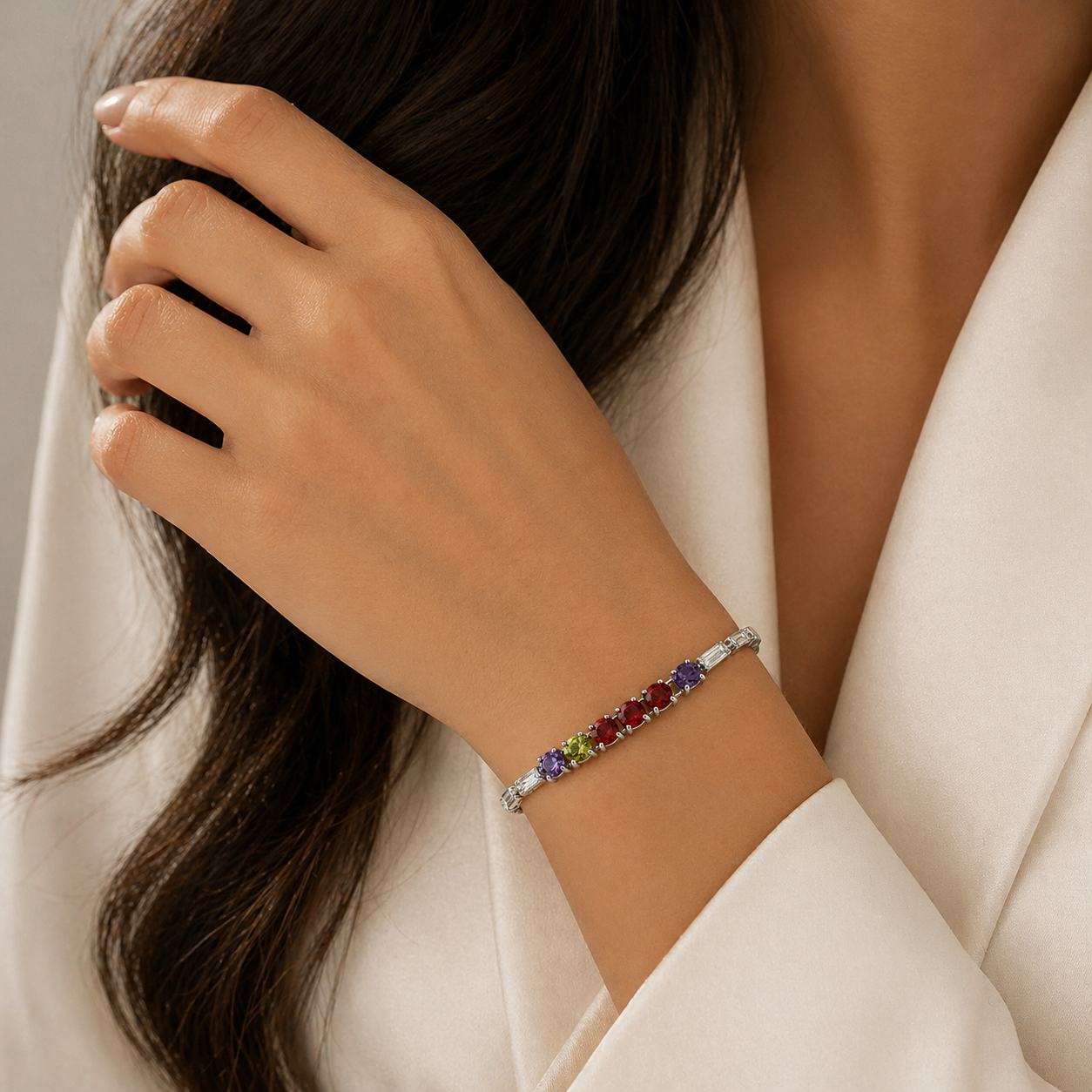 Multicolor Baguette Tennis Bracelet – Silver Shine