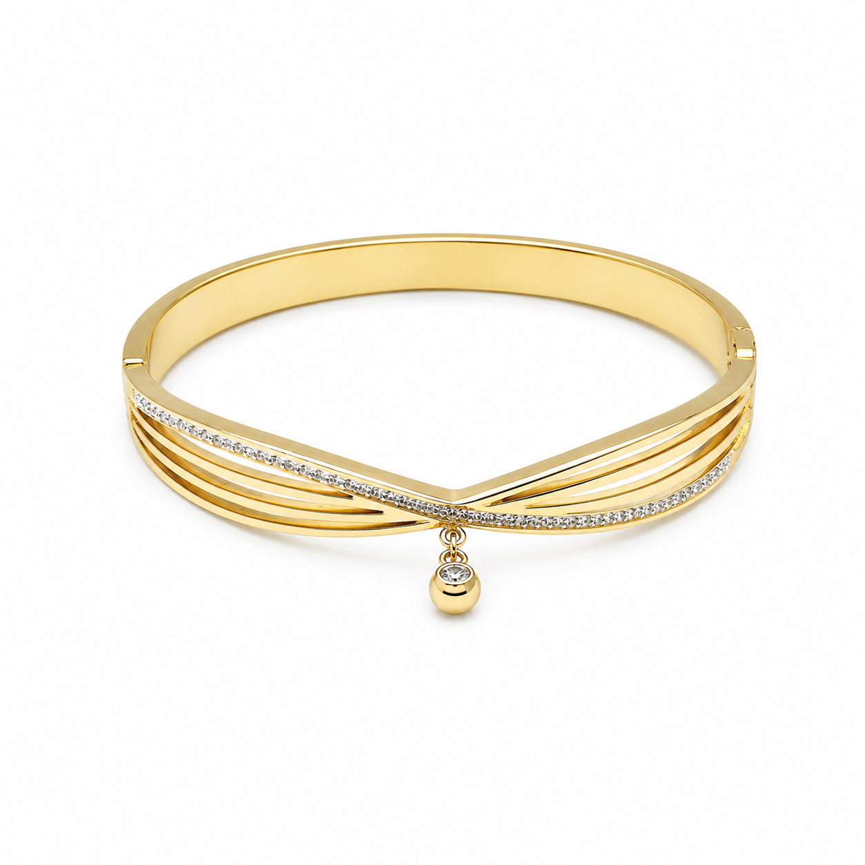 Twist Elegance Bangle with Crystal Charm – Gold & Silver