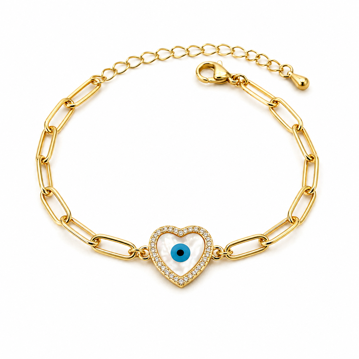 Heart Evil Eye Paperclip Bracelet – Gold
