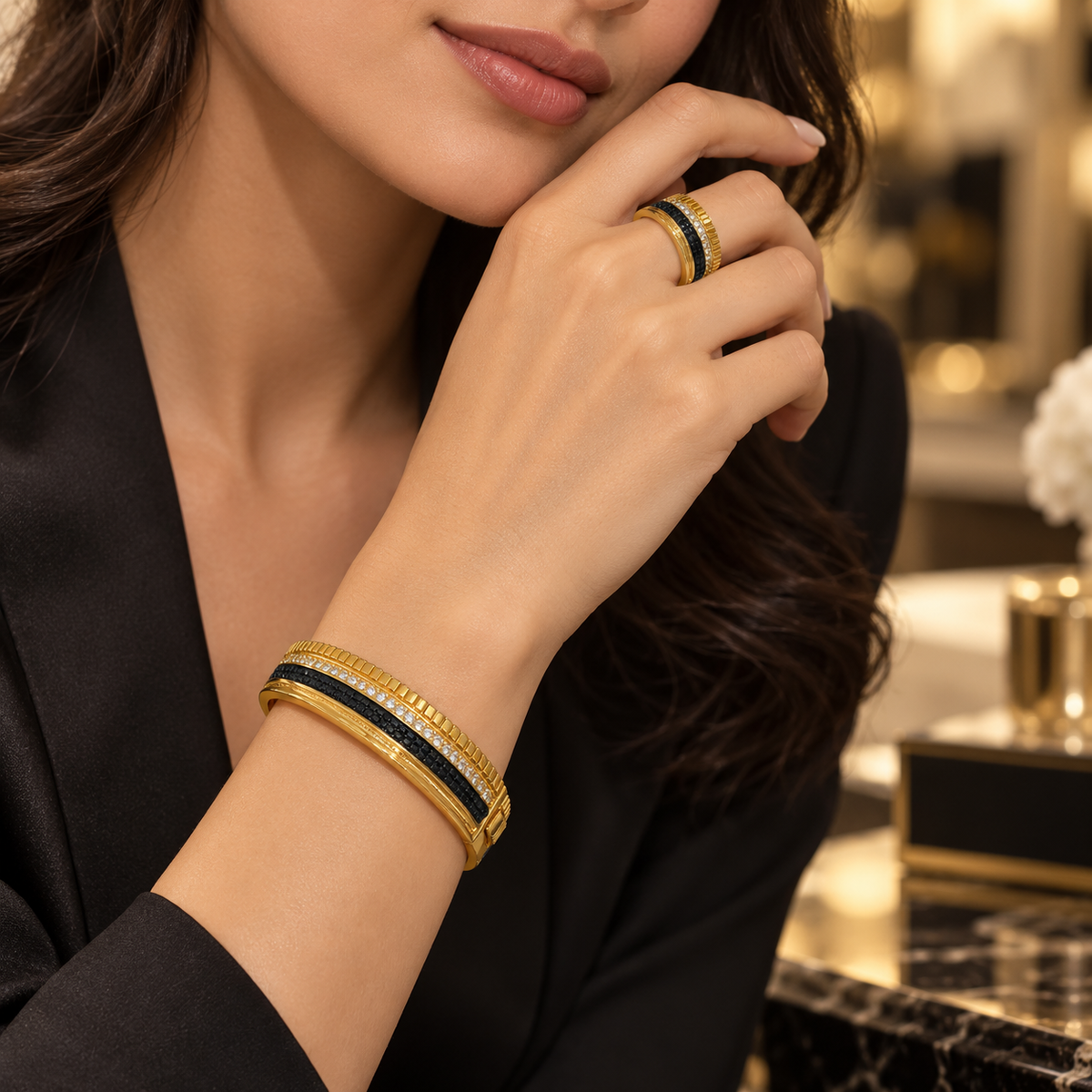 Gold & Black bangle & Ring Tricolor Set
