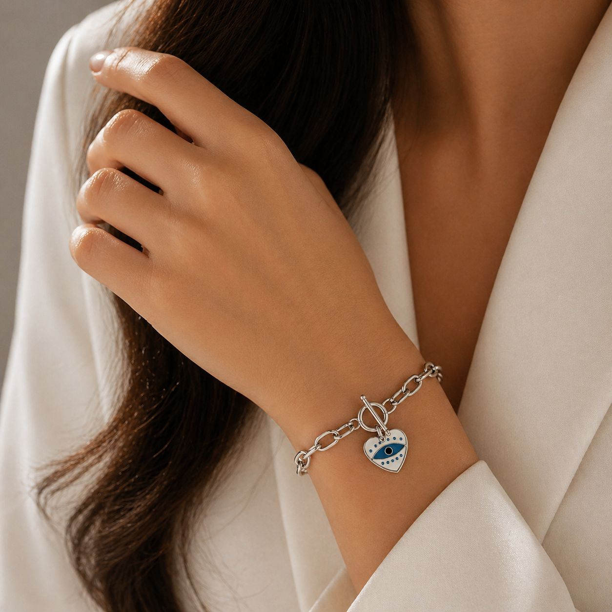 Silver Heart Charm Bracelet – Evil Eye Edition