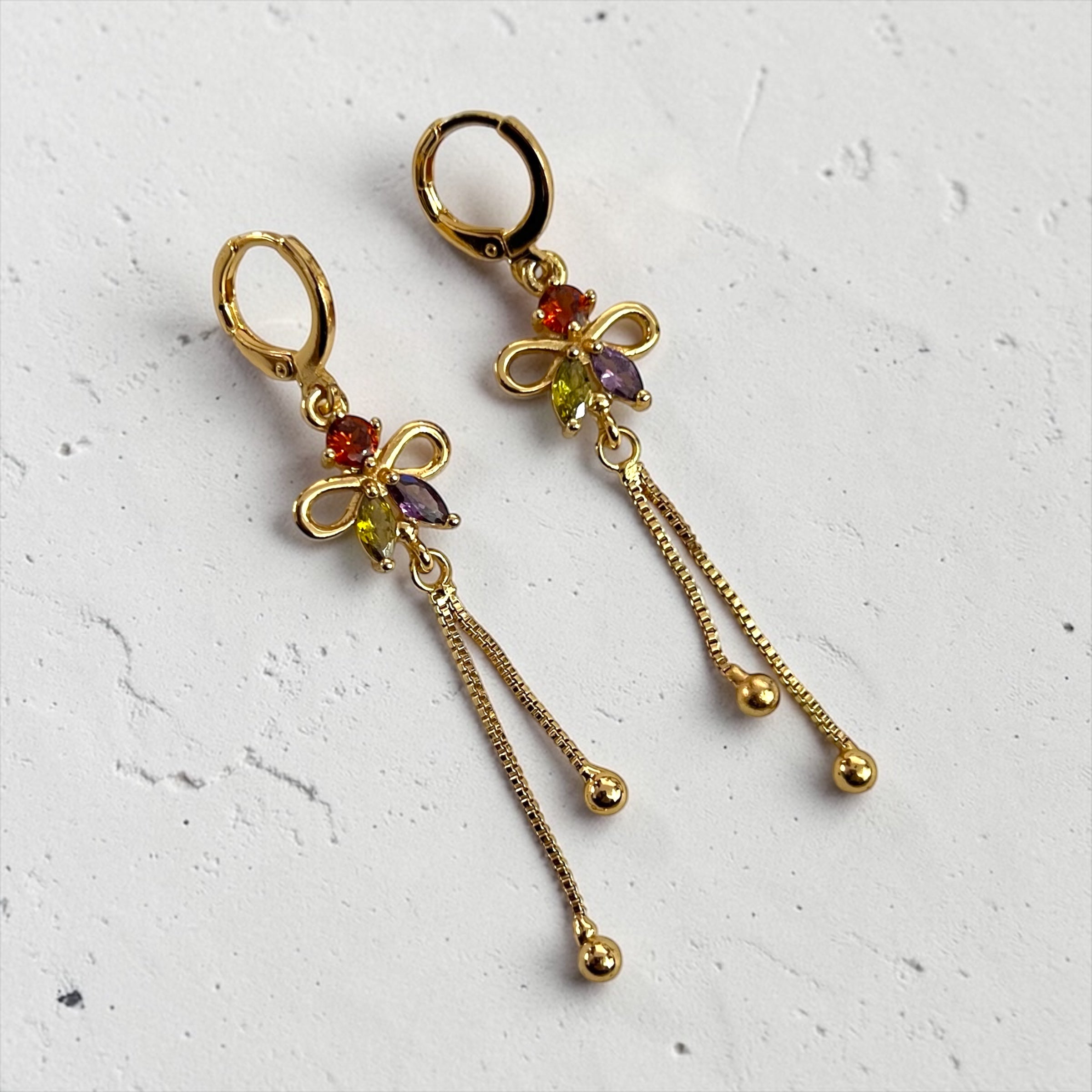 Gold-Plated Butterfly Drop Earrings with Multicolor Crystals