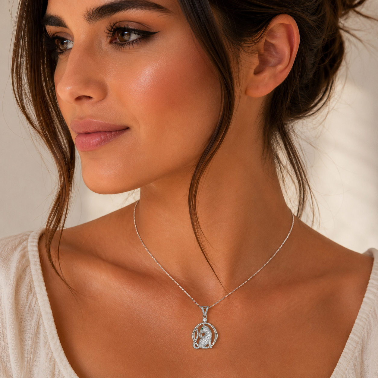 Silver Panther Pendant Necklace with Zircon Stones