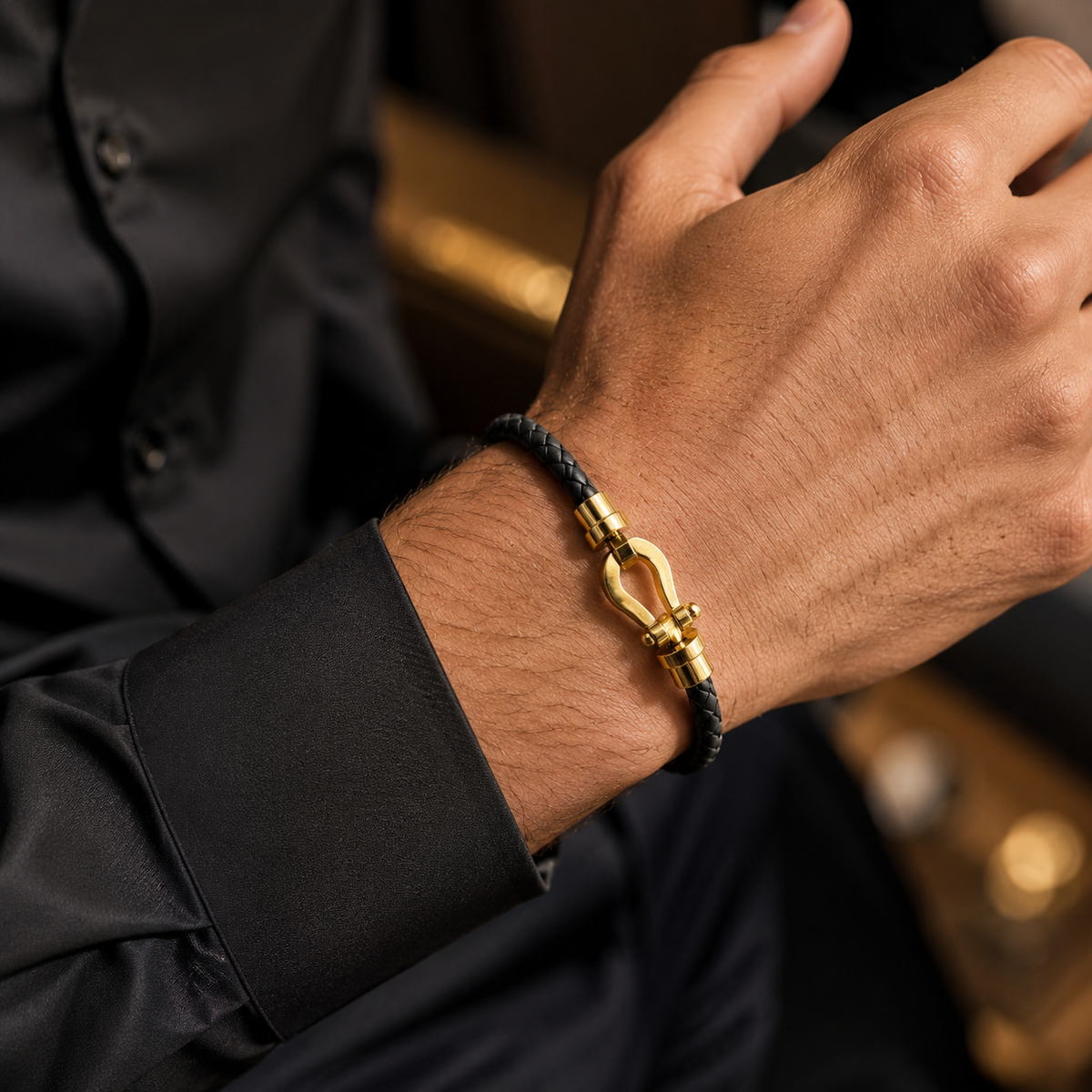 Black Clasp Braided Leather Bracelet – Matte Steel Edition