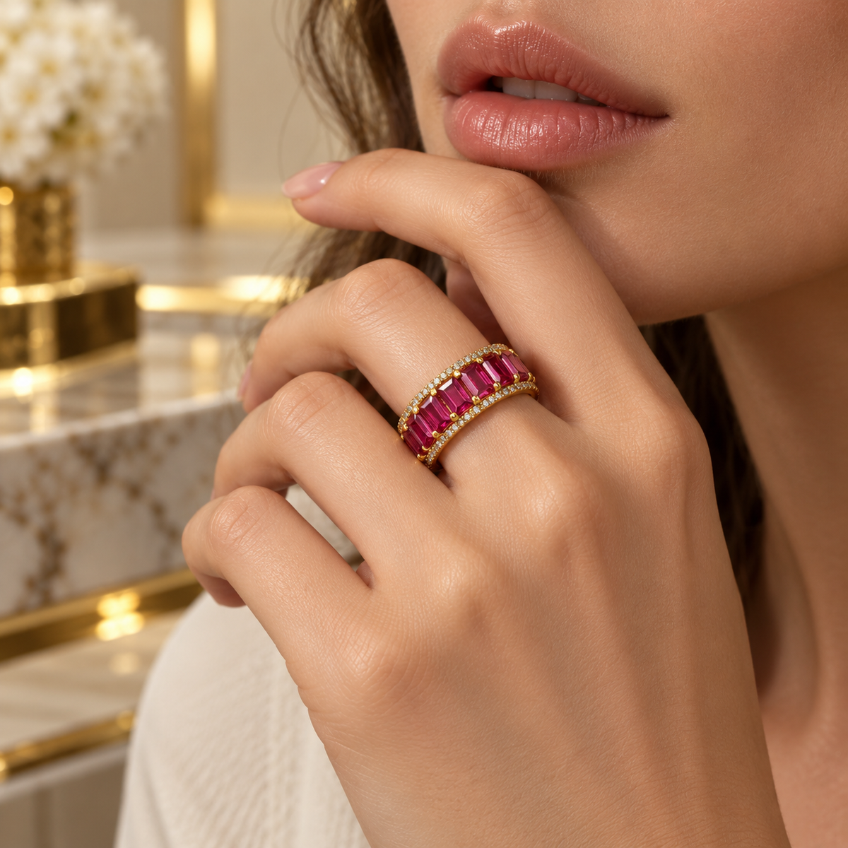 colored Crimson Radiance Ring – Gold-Plated with Ruby-Hued Baguettes