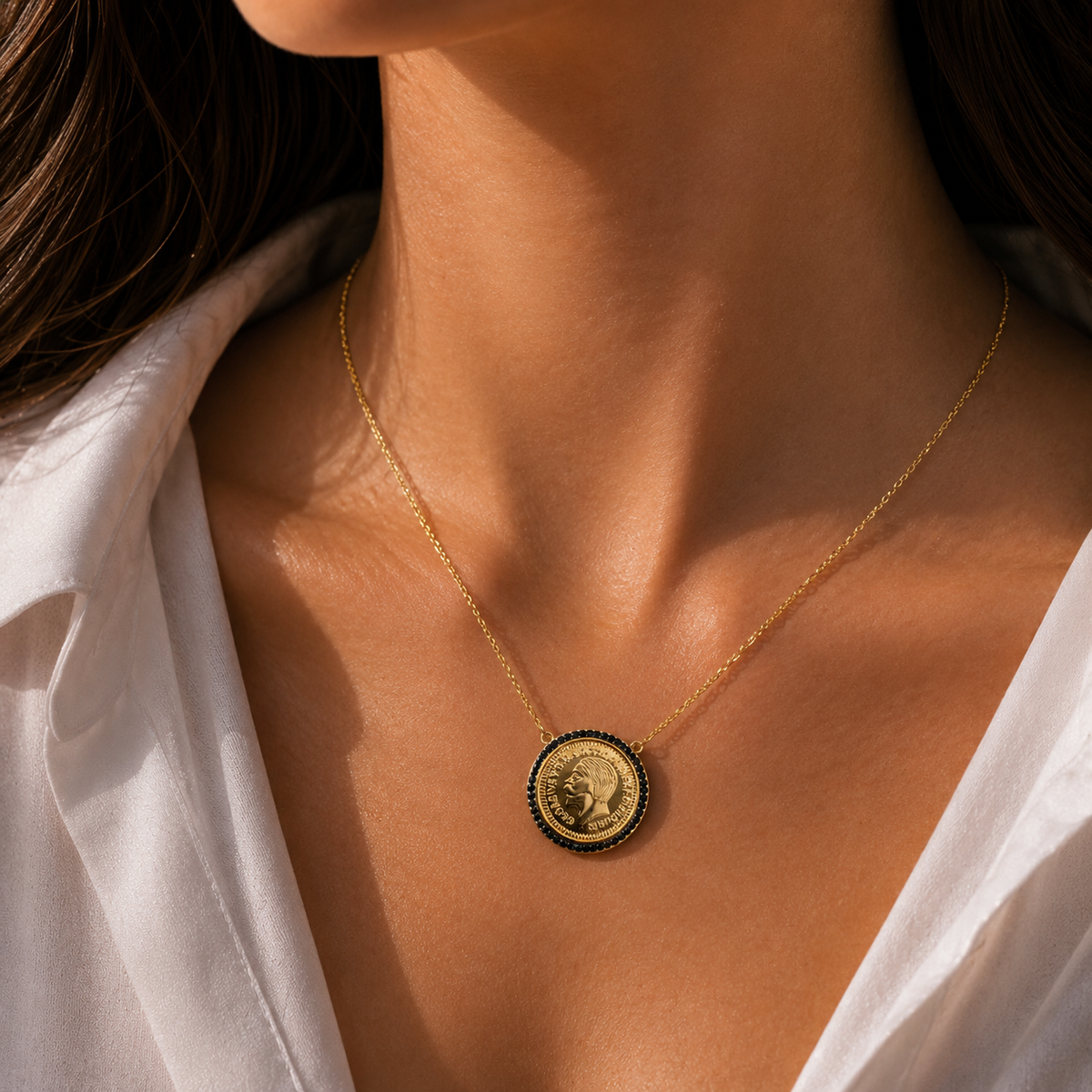Gold Coin Pendant Necklace with Black Stone Frame