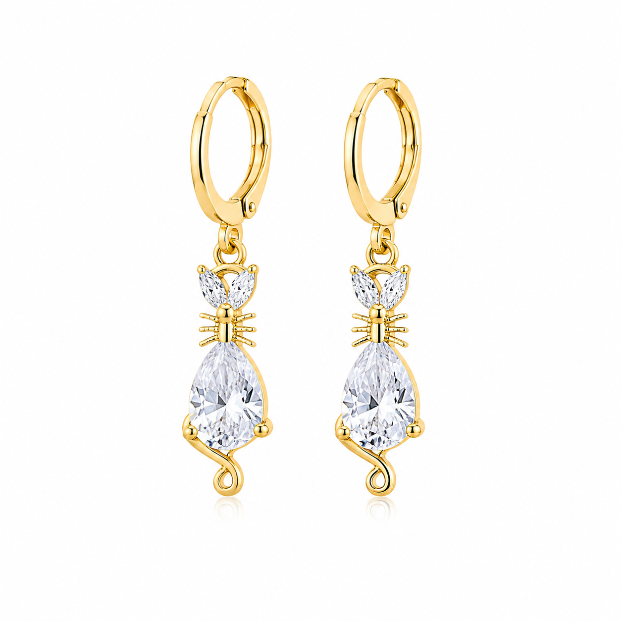 Crystal Cat Drop Hoop Earrings – 18K Gold-Plated ✨
