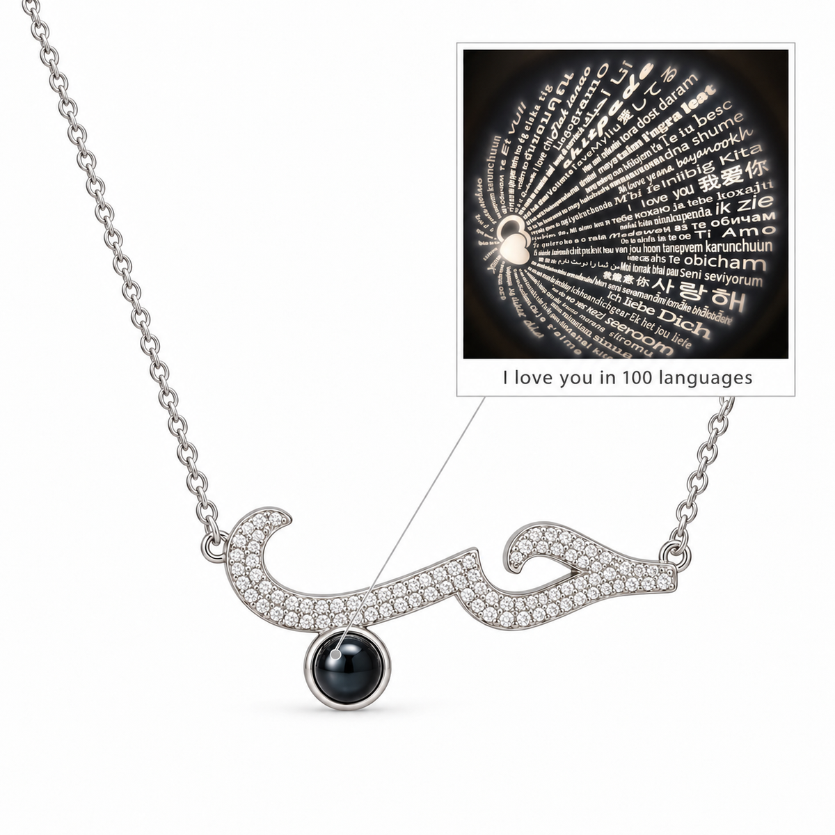 "Love" in All Languages Necklace – Silver Elegance with Gem Accent