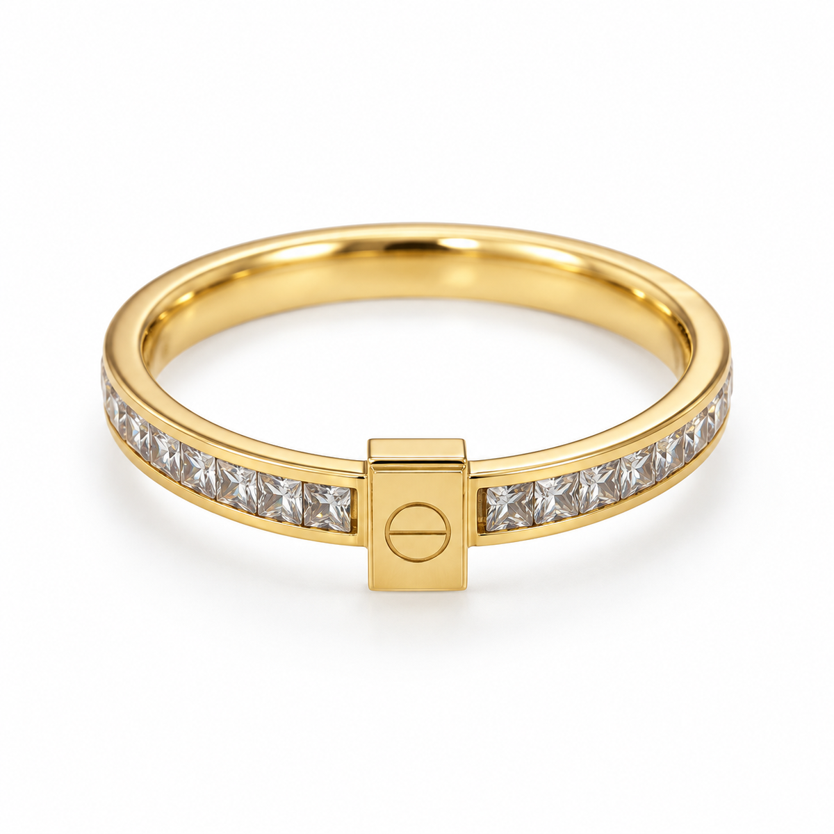 S.steel Gold-Tone Square Stone Band Ring