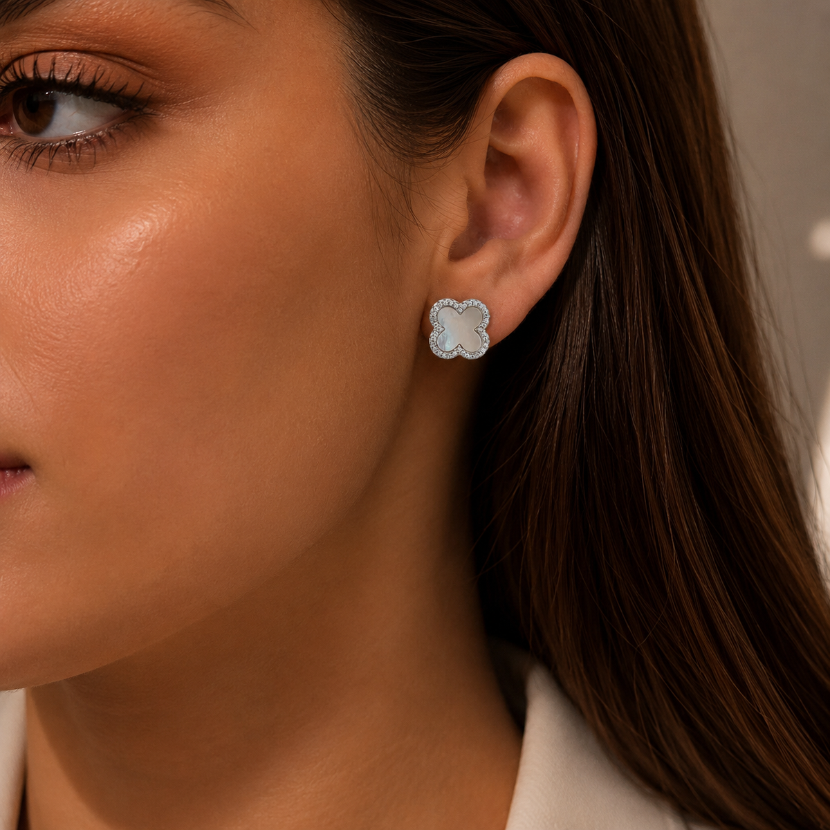 925 Silver White Clover Stud Earrings