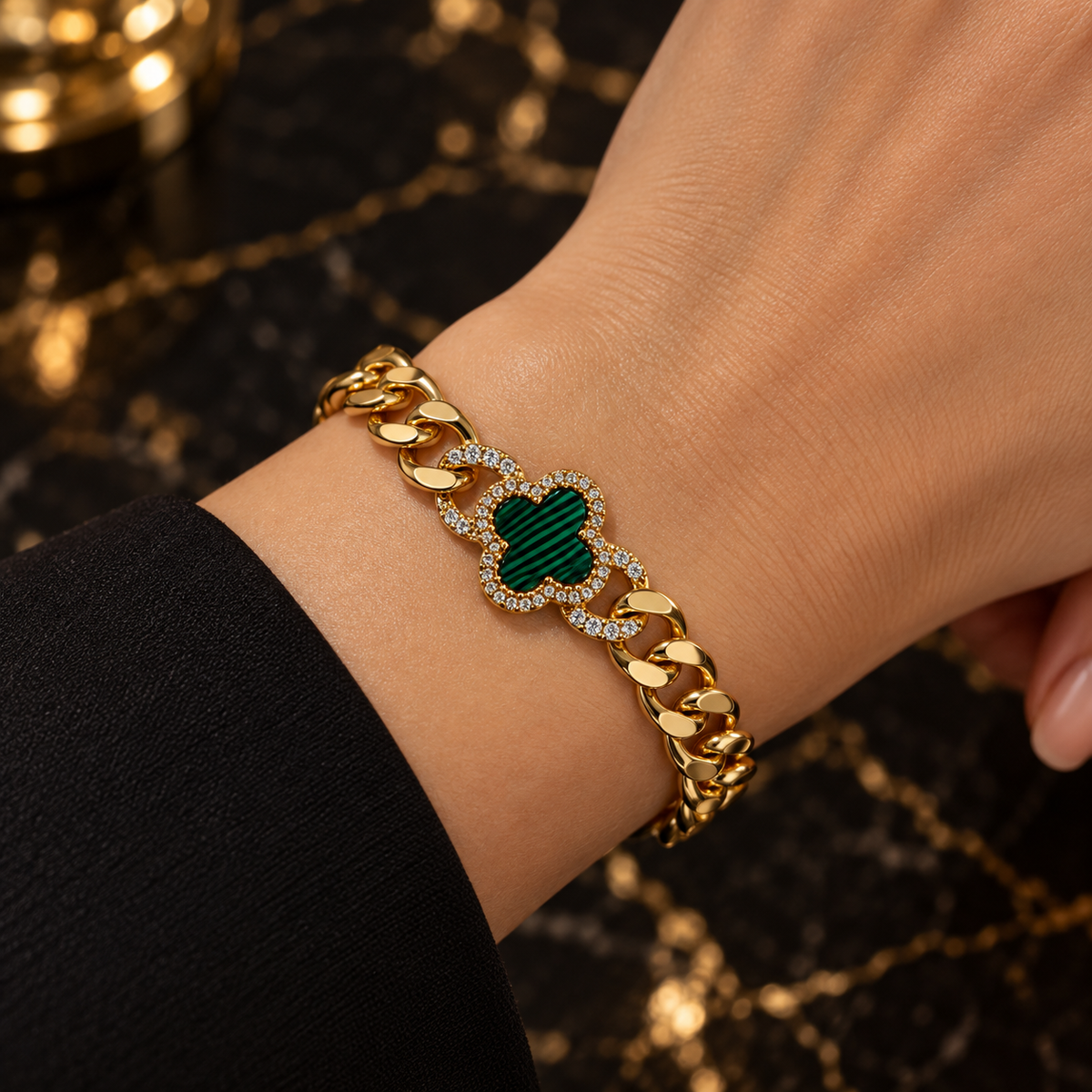 Green Clover Curb Chain Bracelet