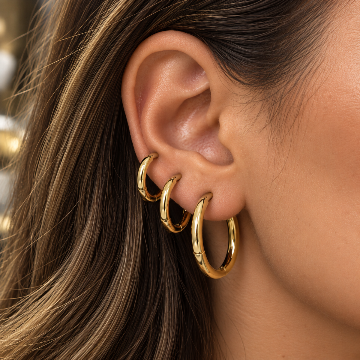 Large Three-Pair Gold Hoop Earrings Set