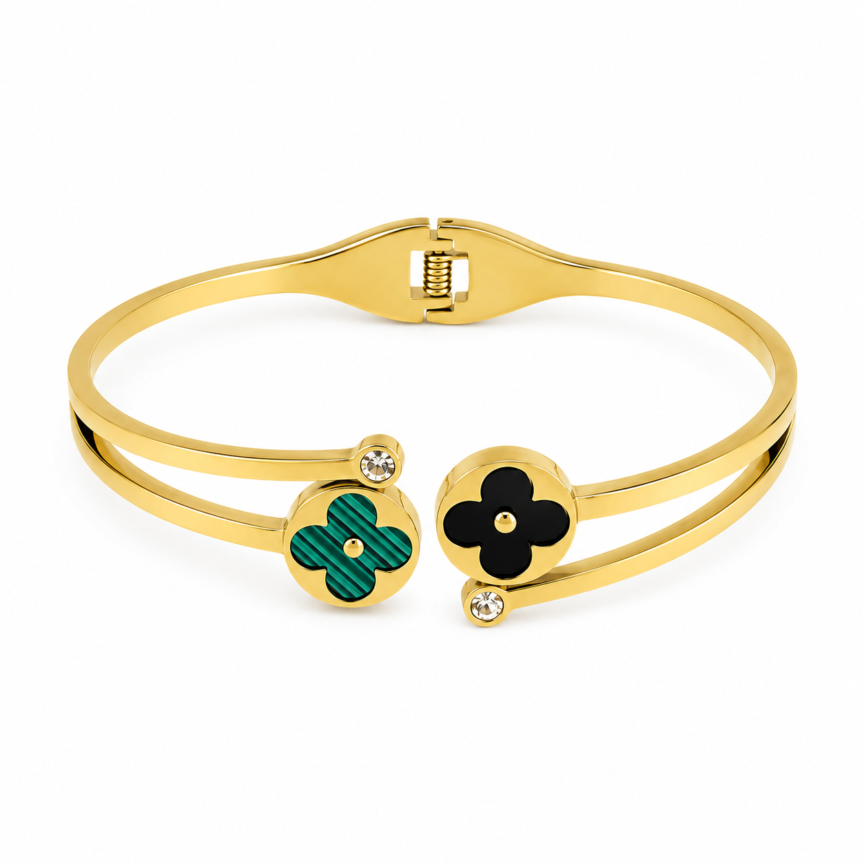 Gold Floral Duo Bangle – Black & White Enamel Flower Bracelet
