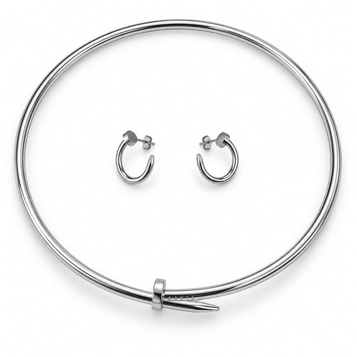 Pin and clue Nail Grace Set – Silver Bangle & Hoop Earrings