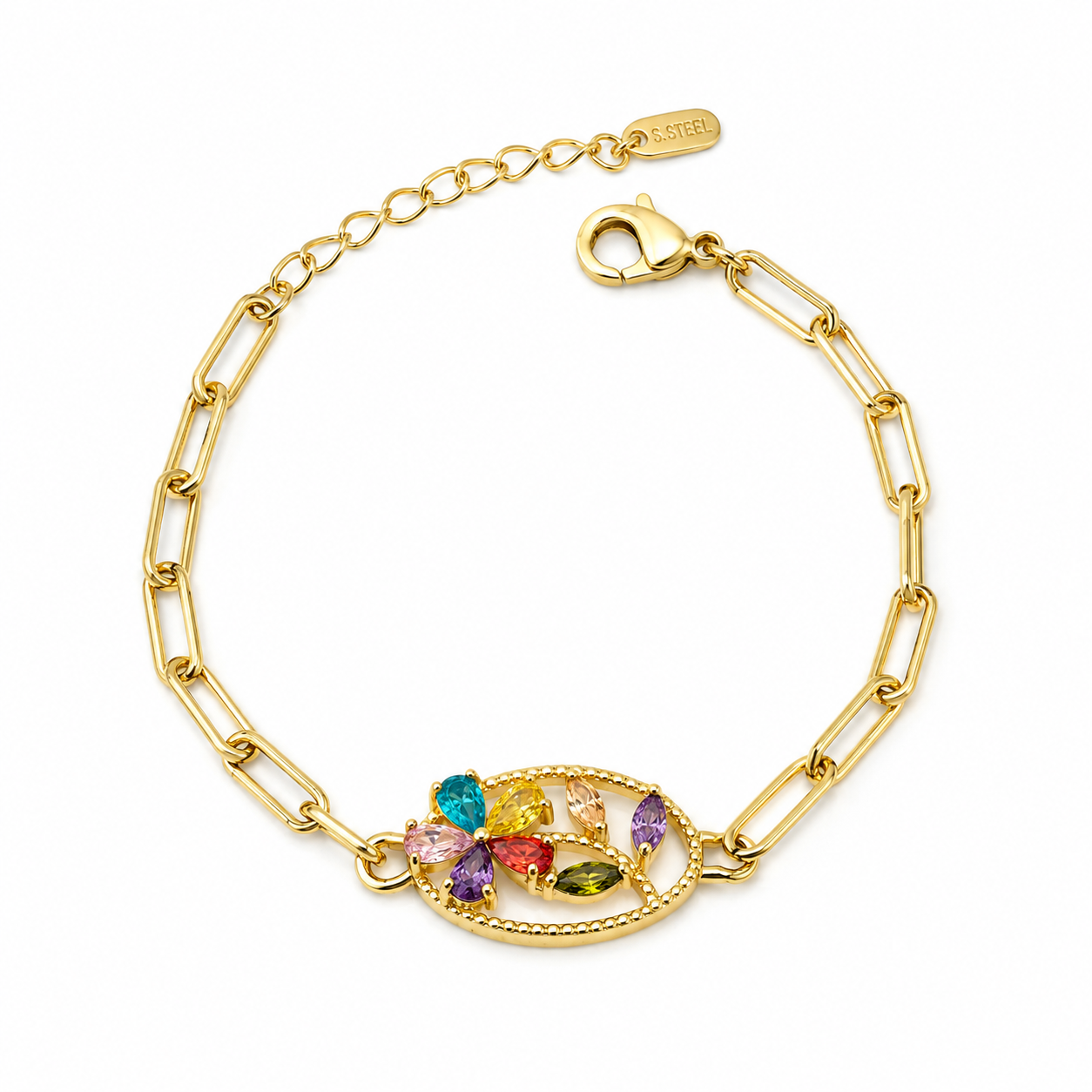 Multicolor Oval Charm Paperclip Bracelet