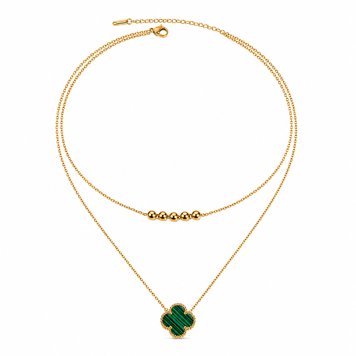 Layered Green Clover & Gold Beads Necklace
