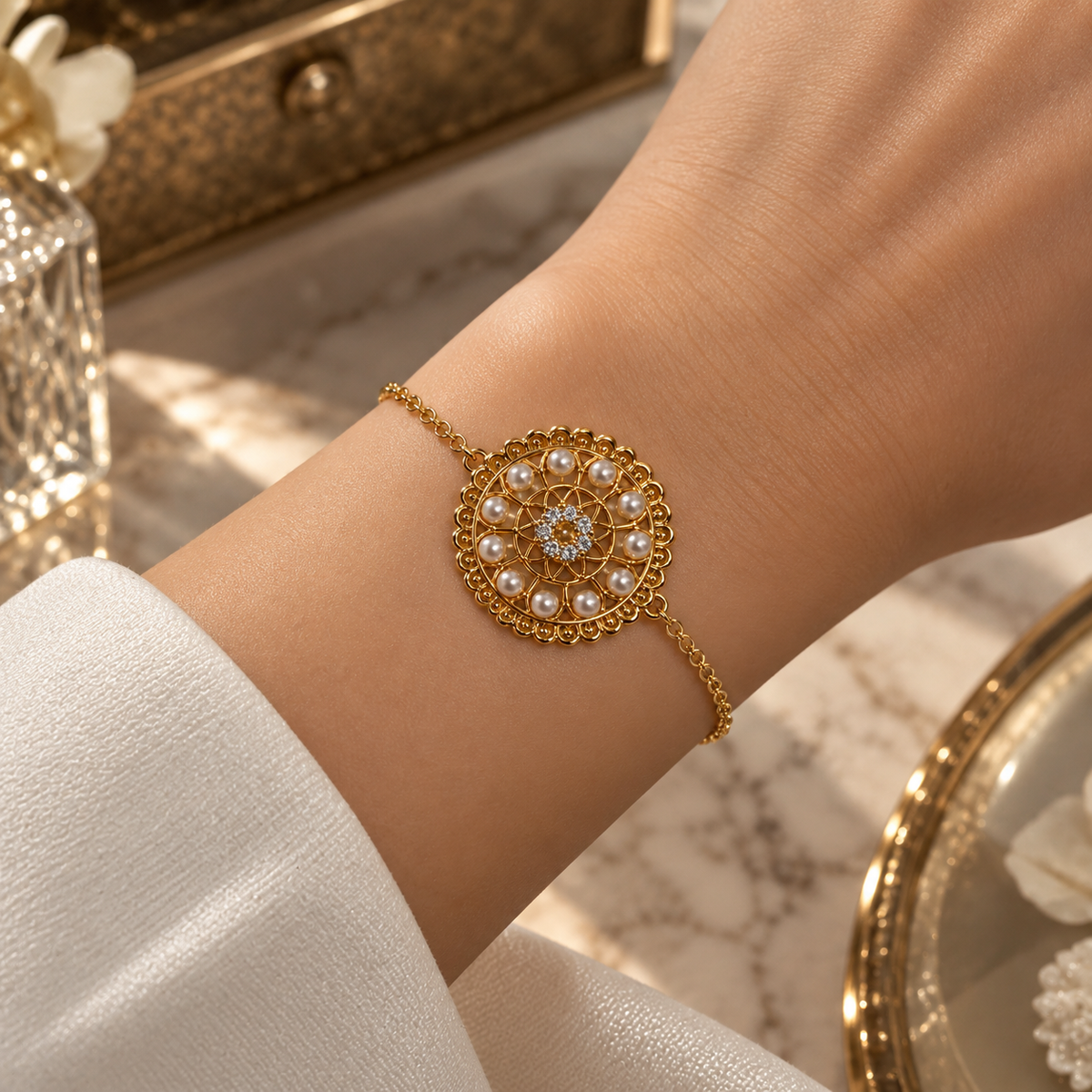 Celeste Bloom Bracelet – Gold & Pearl Radiance
