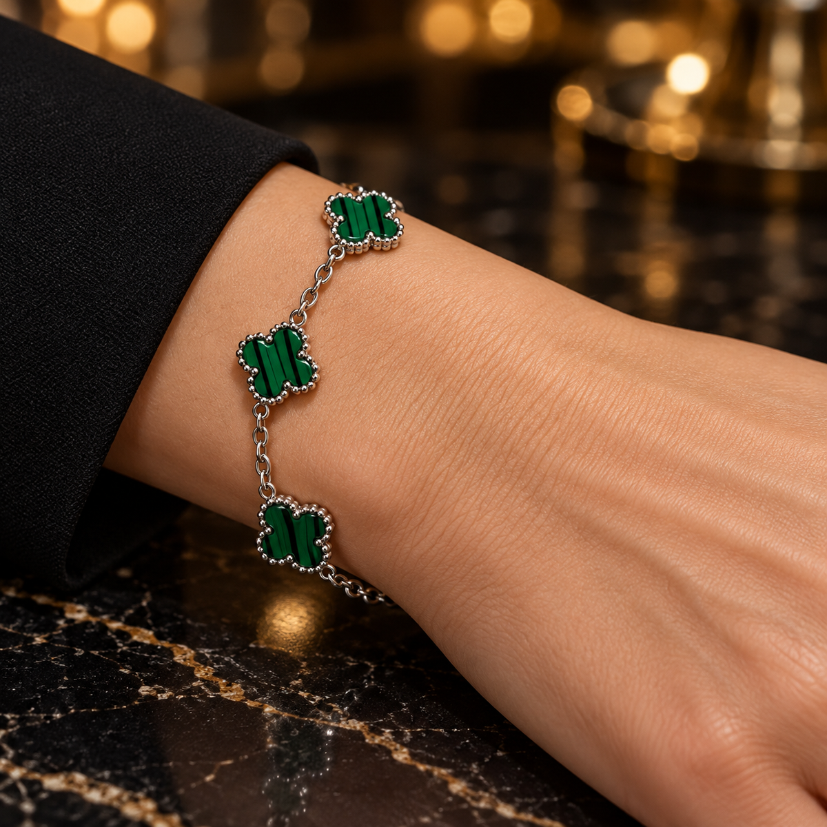 S.steel Silver-Tone Green Clover Bracelet