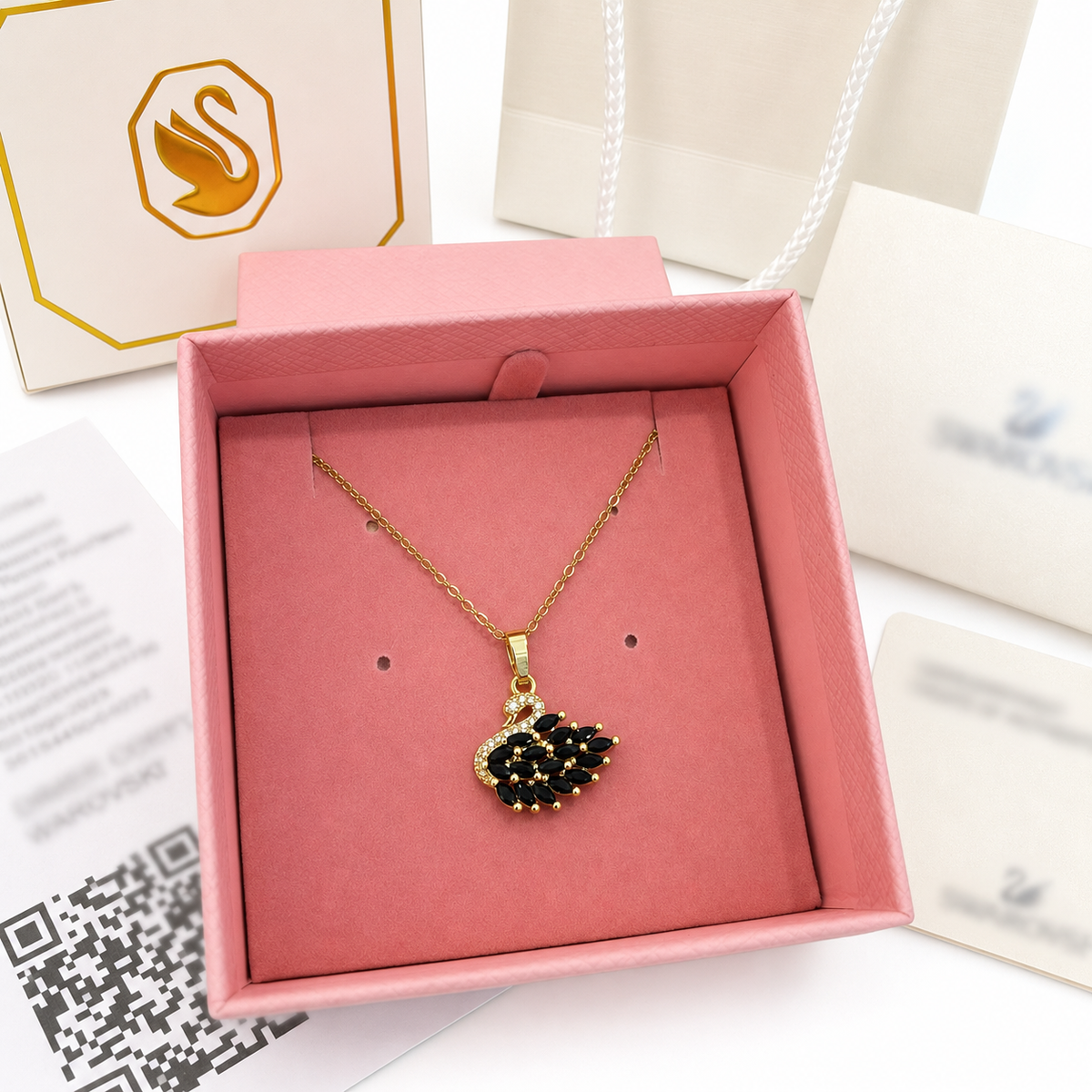 Swan necklace with pink authentic package