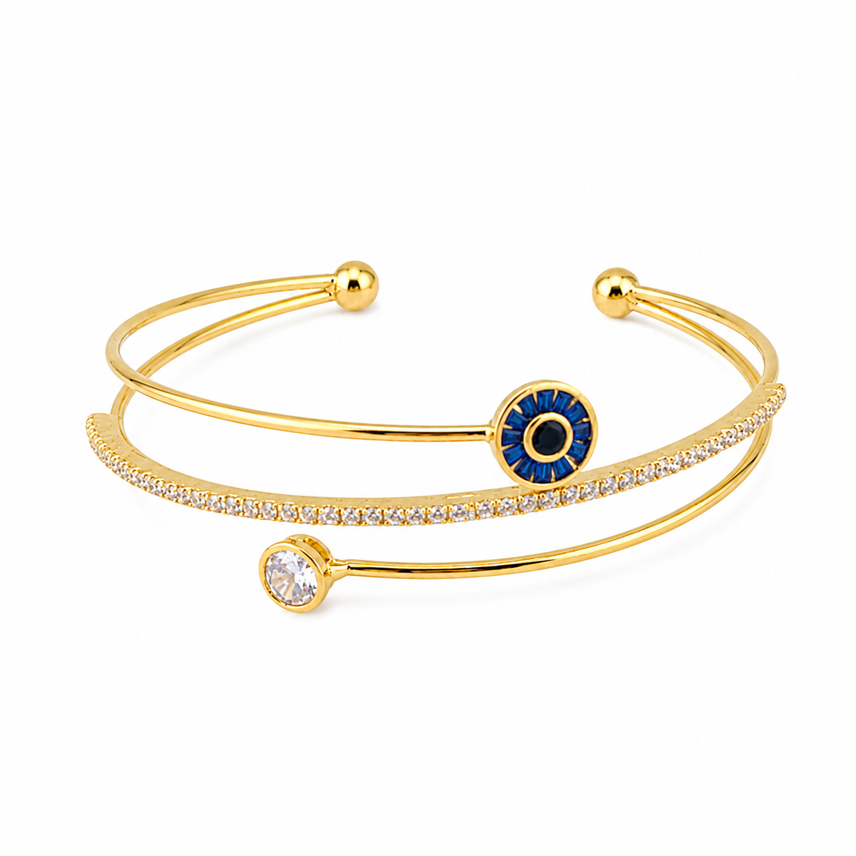 Gold Evil Eye Double Band Cuff – Crystal Protection Bracelet