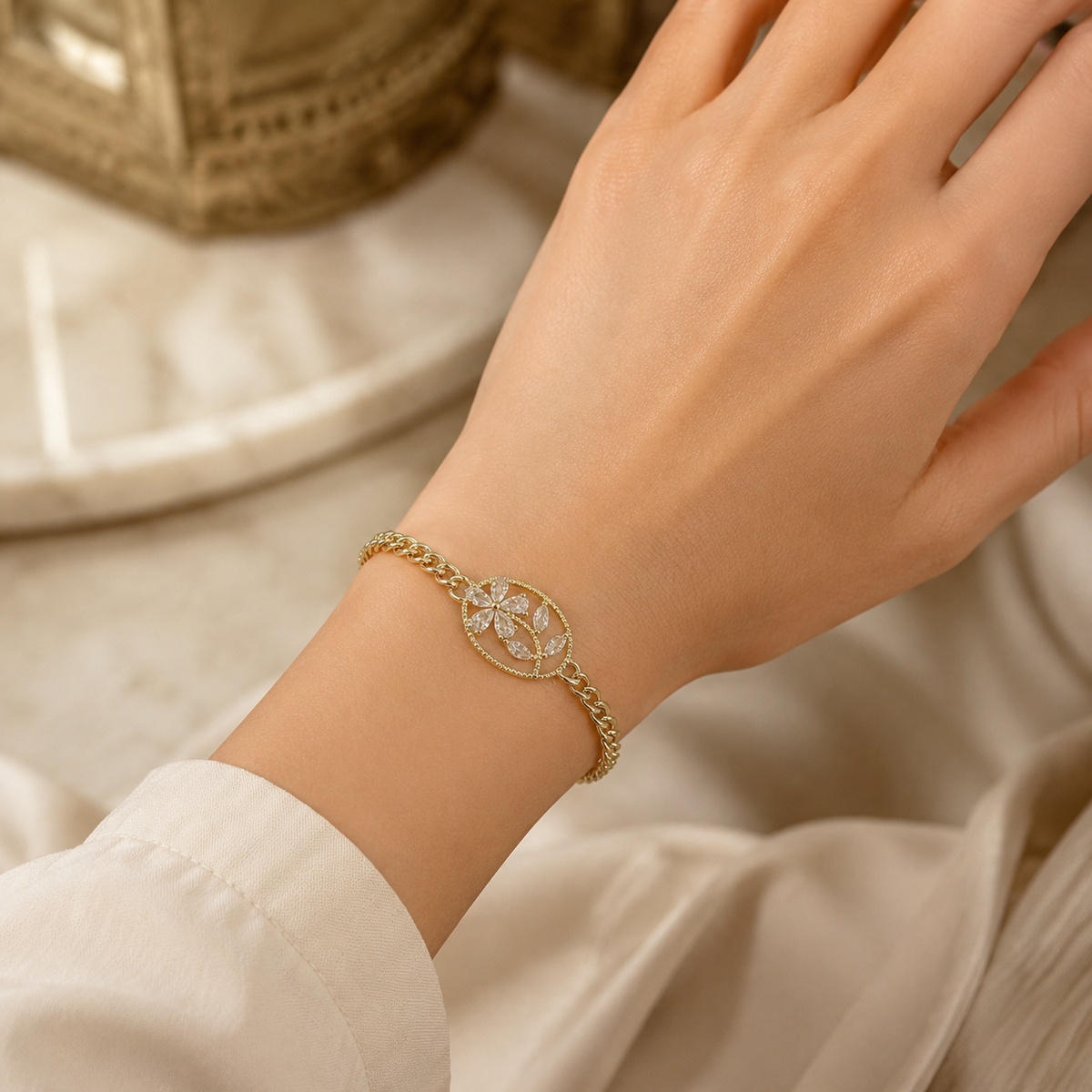 Gold Floral Crystal Charm Bracelet ✨