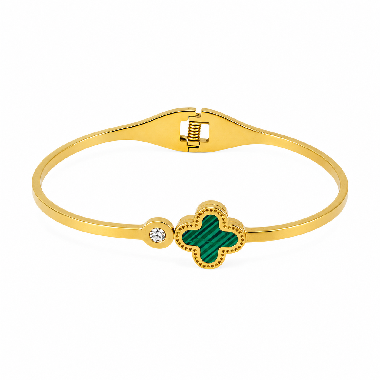 Gold Clover & Crystal Bangle – Elegant  Enamel Bracelet