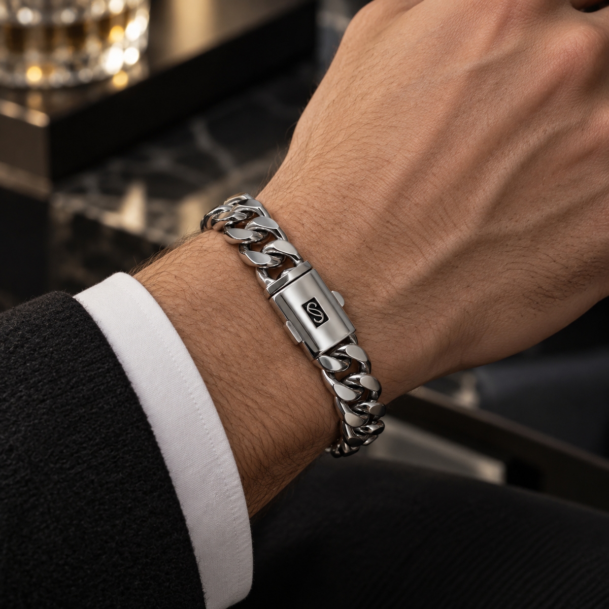 Monac-o Men’s Silver Cuban Link Bracelet