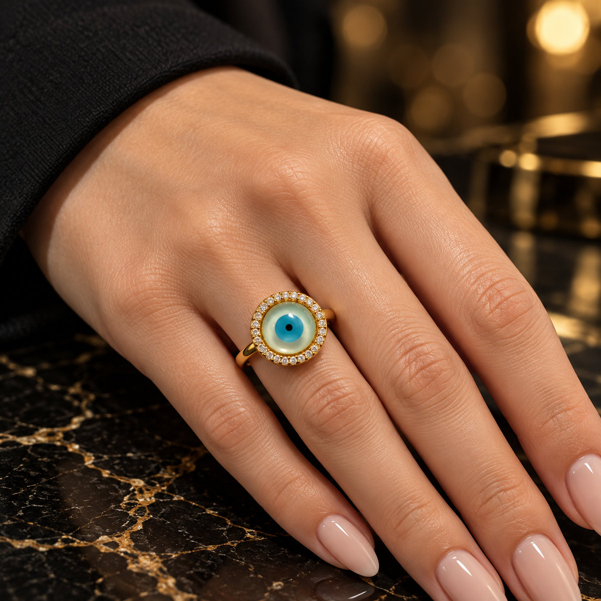 Evil Eye circle Protection Ring – Gold & Mother of Pearl(free size)