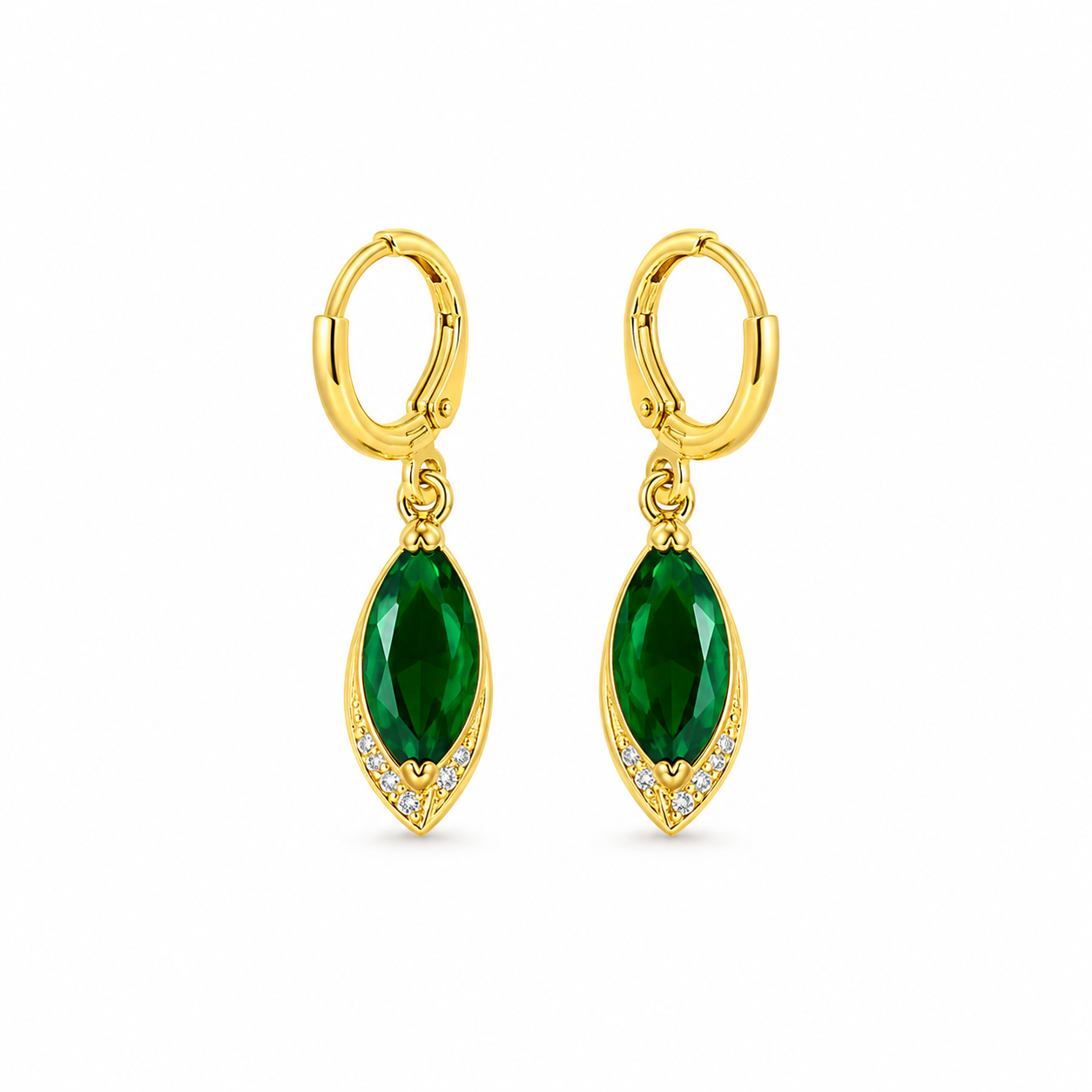 Emerald Drop Hoop Earrings – 18K Gold-Plated Luxury ✨