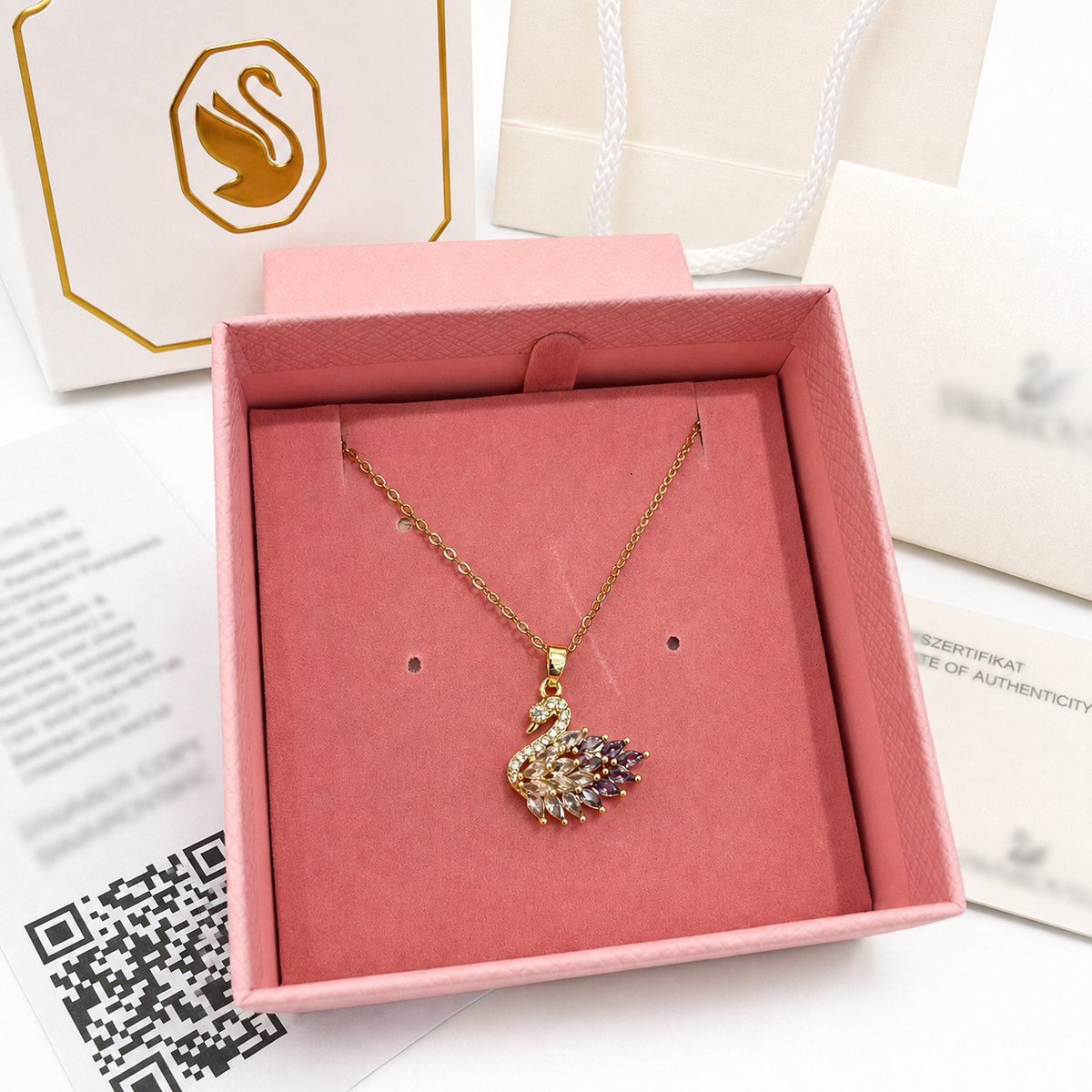 Swan necklace with pink authentic package