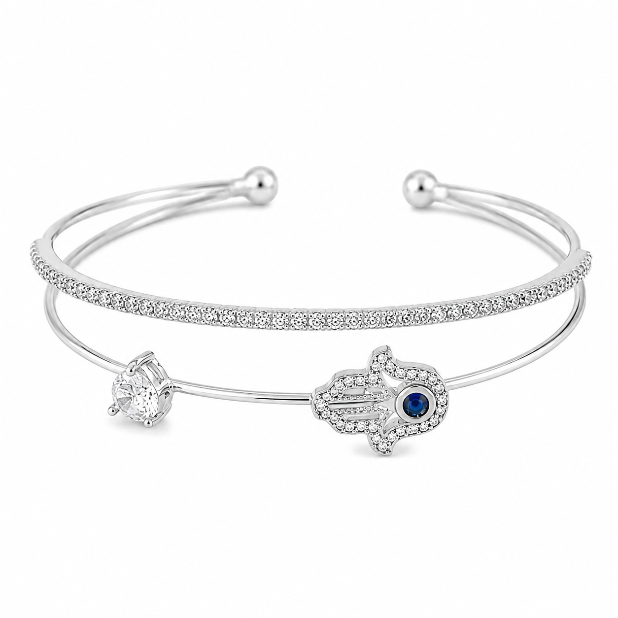 Elegant Silver Cuff Bracelet – Hamsa, Heart & Crystal Accents 🤍✨
