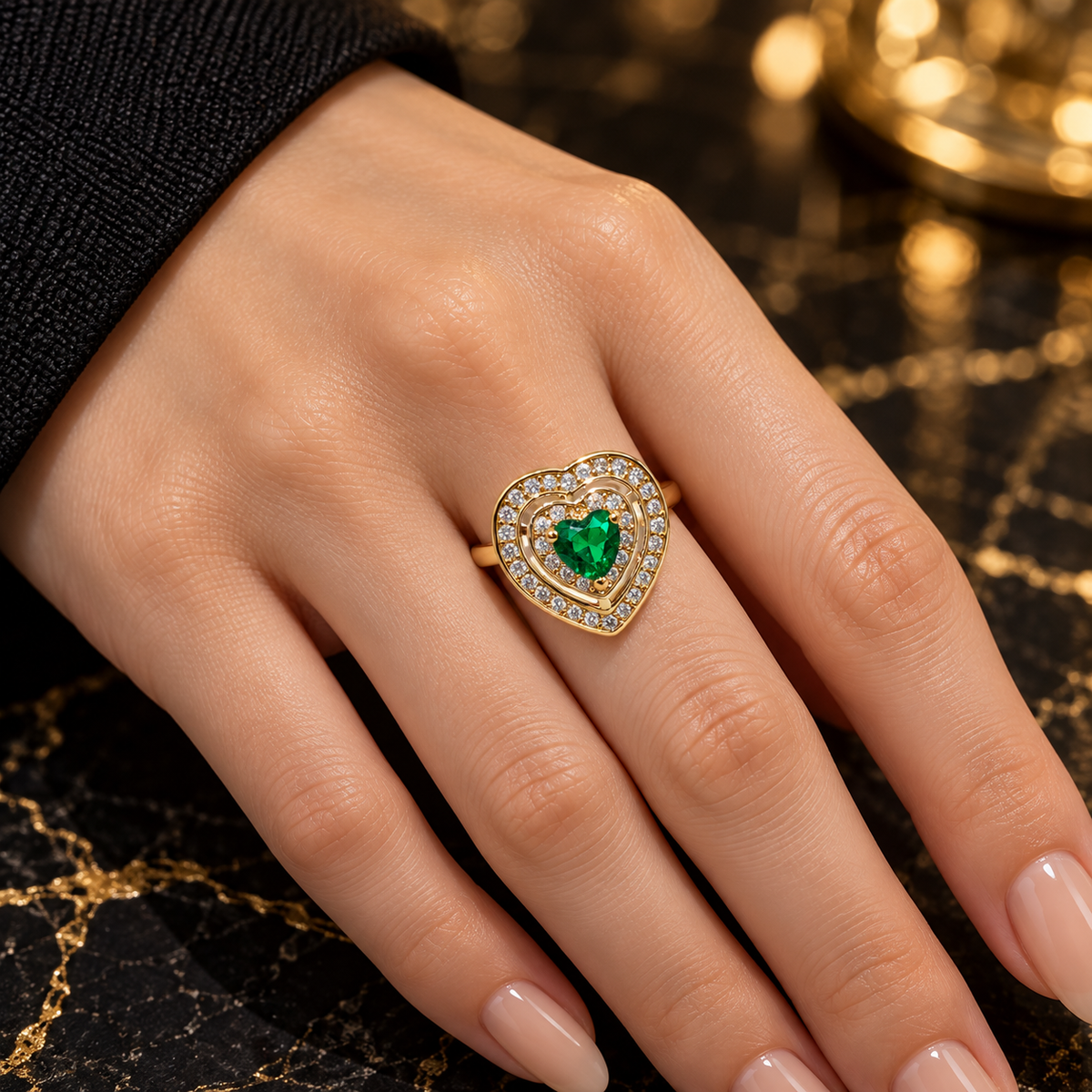 Emerald Heart Halo Ring – Gold