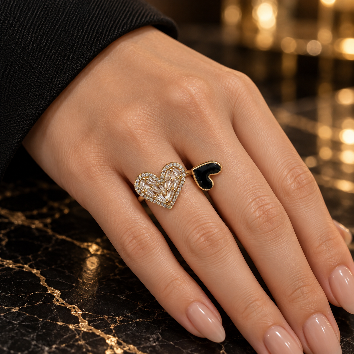 Duo Hearts Ring – Gold & Black Crystal Charm