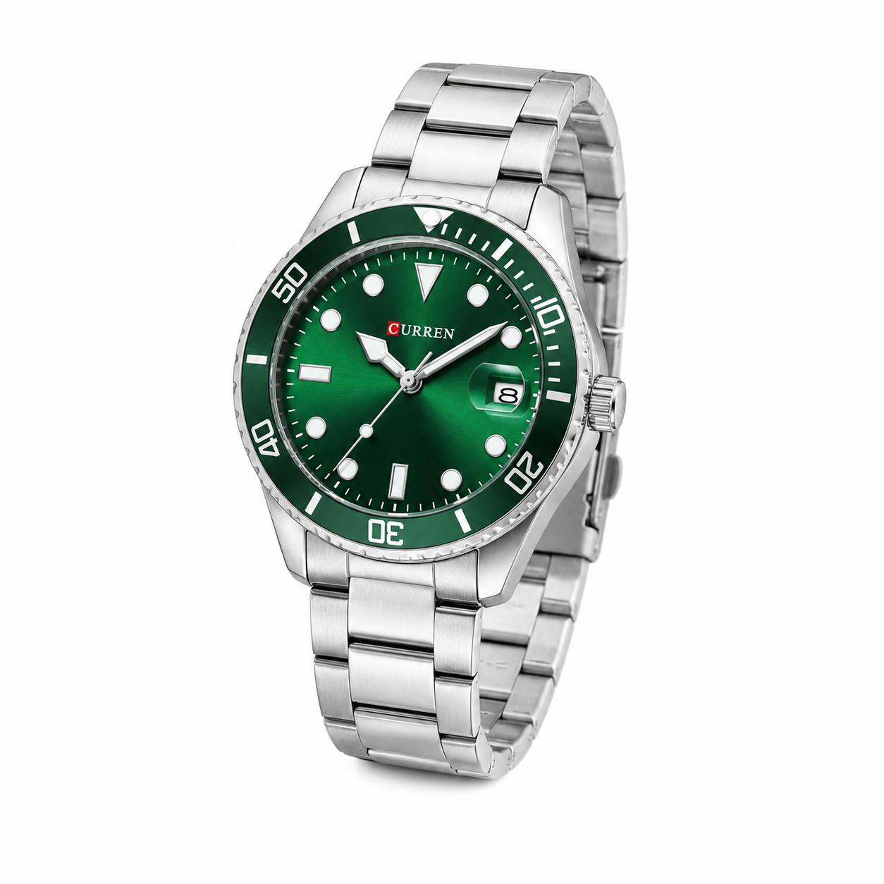 ⌚ Curren Green Diver Watch – Stainless Steel Luxury | Date Display