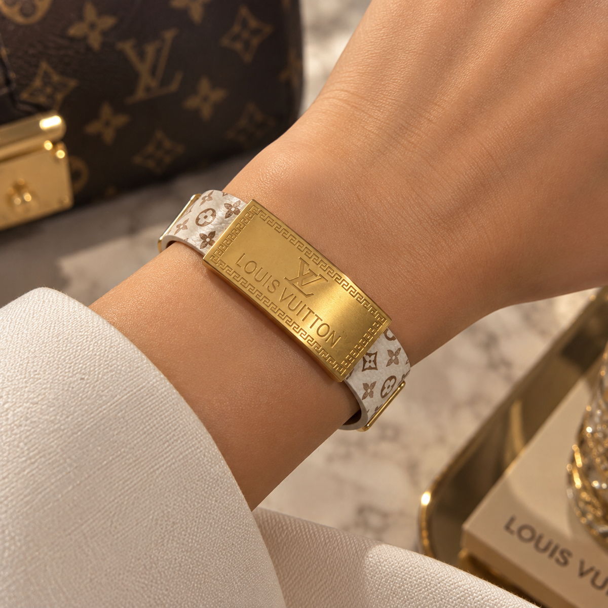 Monogram Leather Bracelet with Silver Plate – Unisex