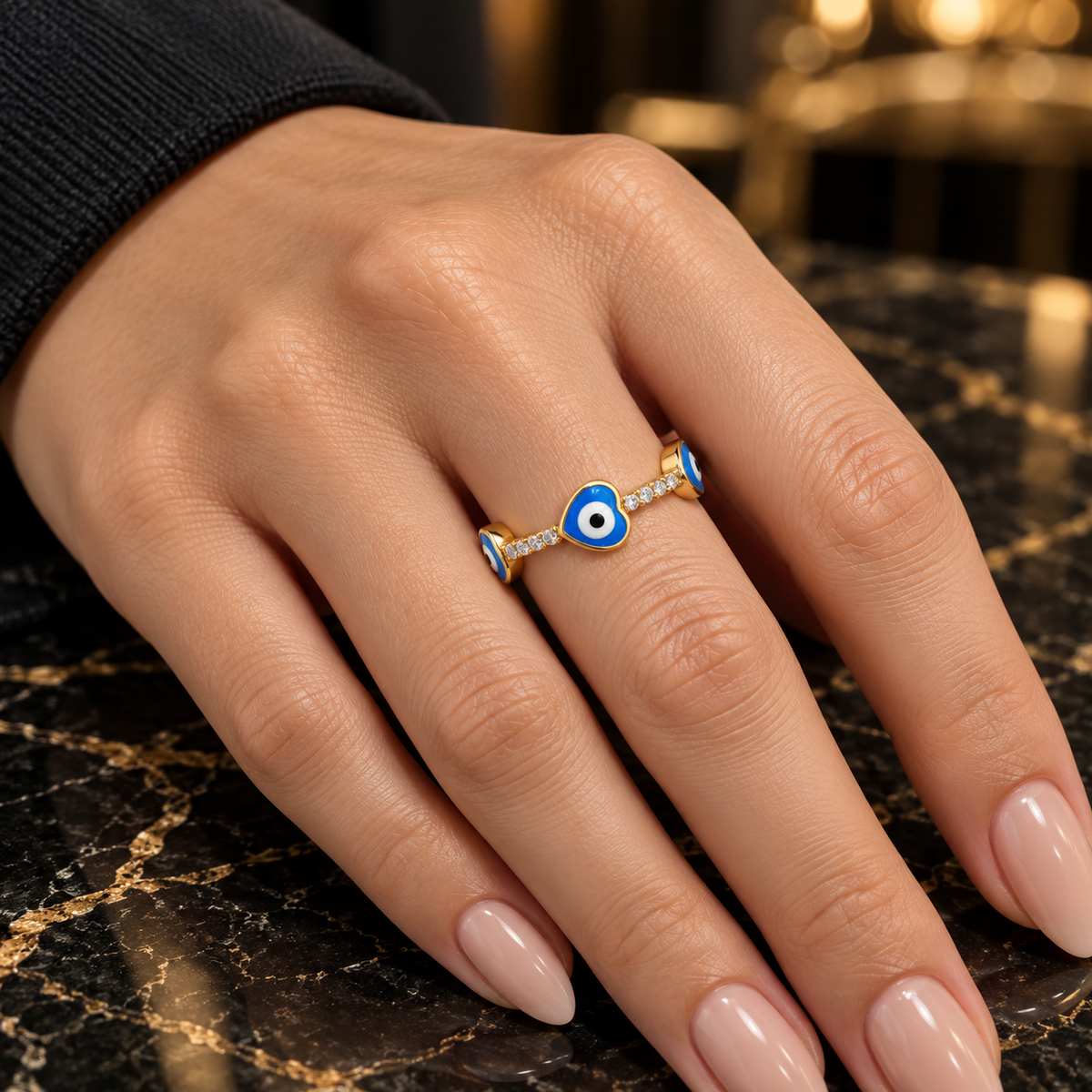 Trio Heart Eye Ring – Gold & Blue Enamel