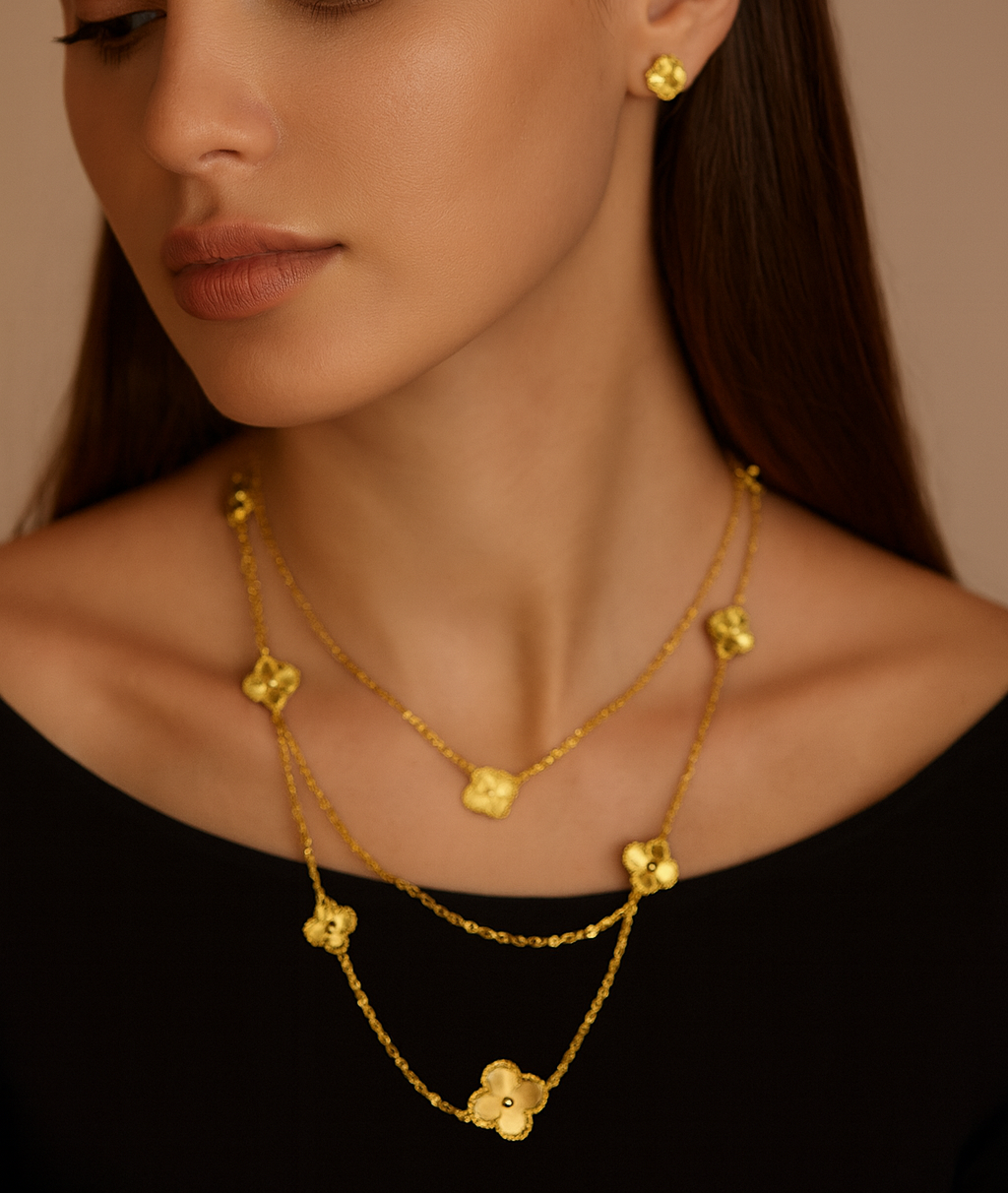 seda Vancleef 120cm “Golden Clover Charm” Necklace & Earrings Set