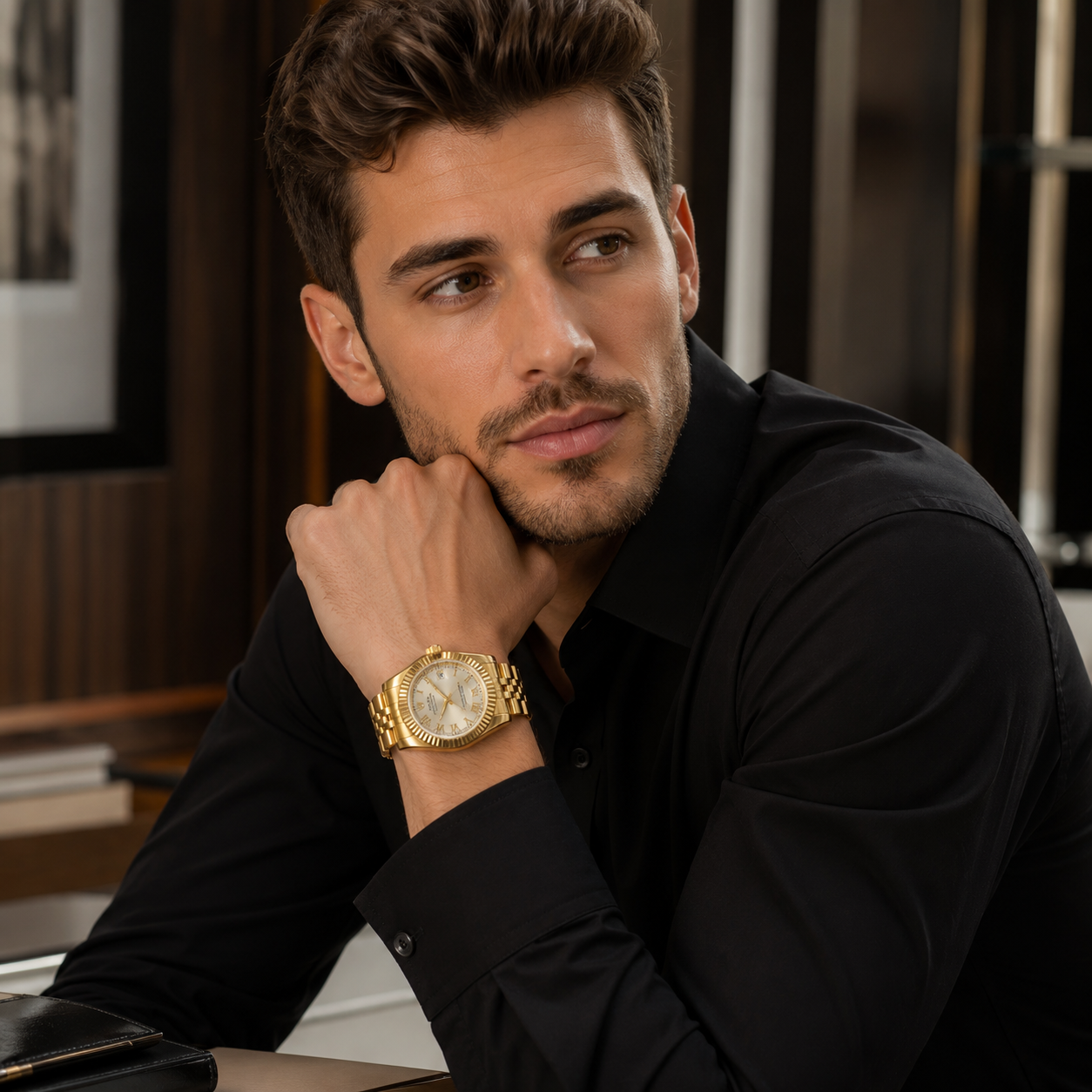man Full Gold Luxury Watch – White Dial with Roman Numerals