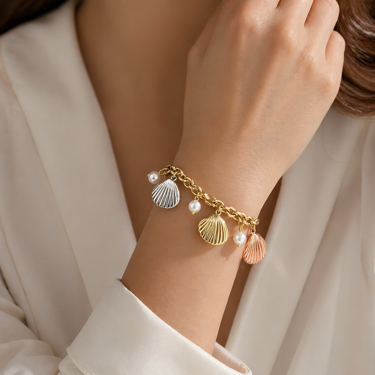Seashell Pearl Charm Bracelet – Gold Coastal Luxe