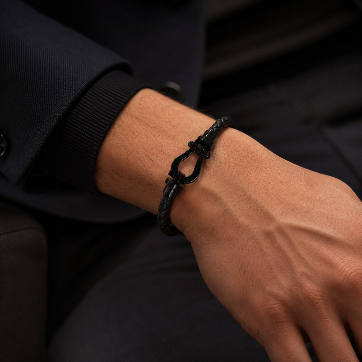 Black Clasp Braided Leather Bracelet – Matte Steel Edition