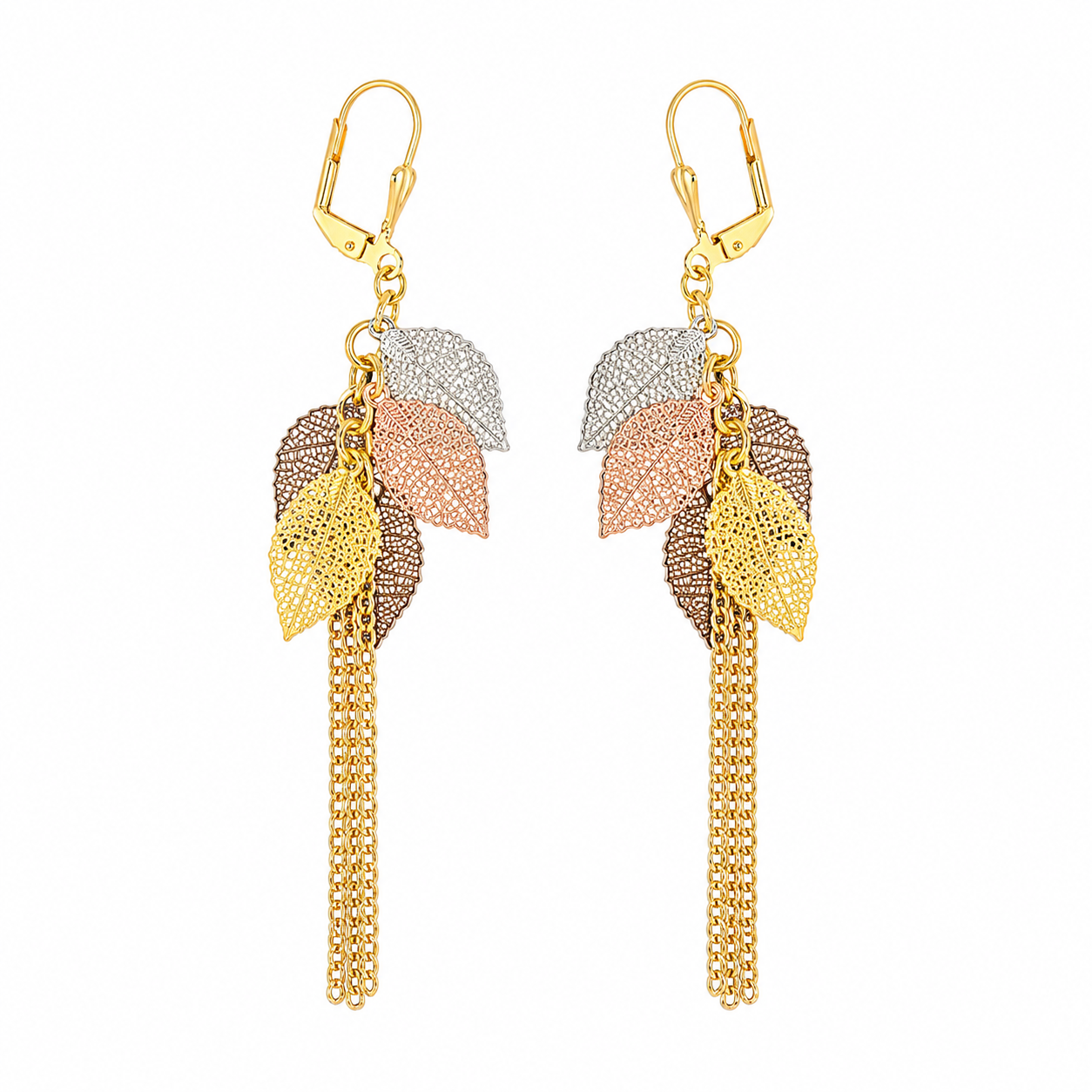 Multi-Tone Leaf Drop Earrings – Gold, Silver & Rose Gold Plated