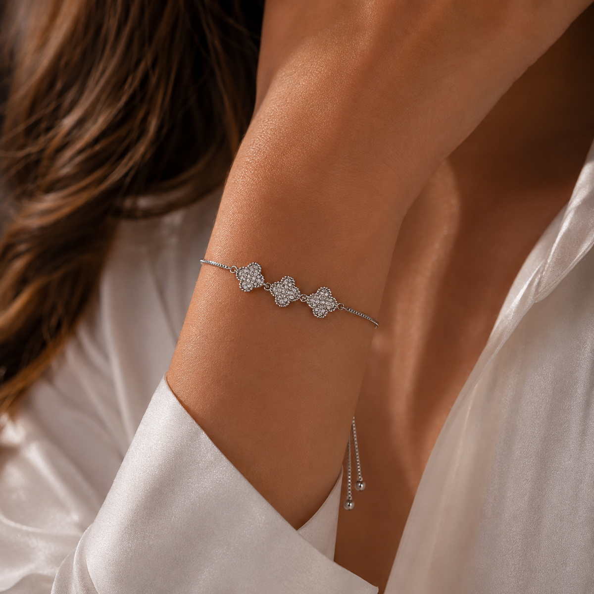 Silver-Plated Clover Charm Bracelet with Pavé Crystals