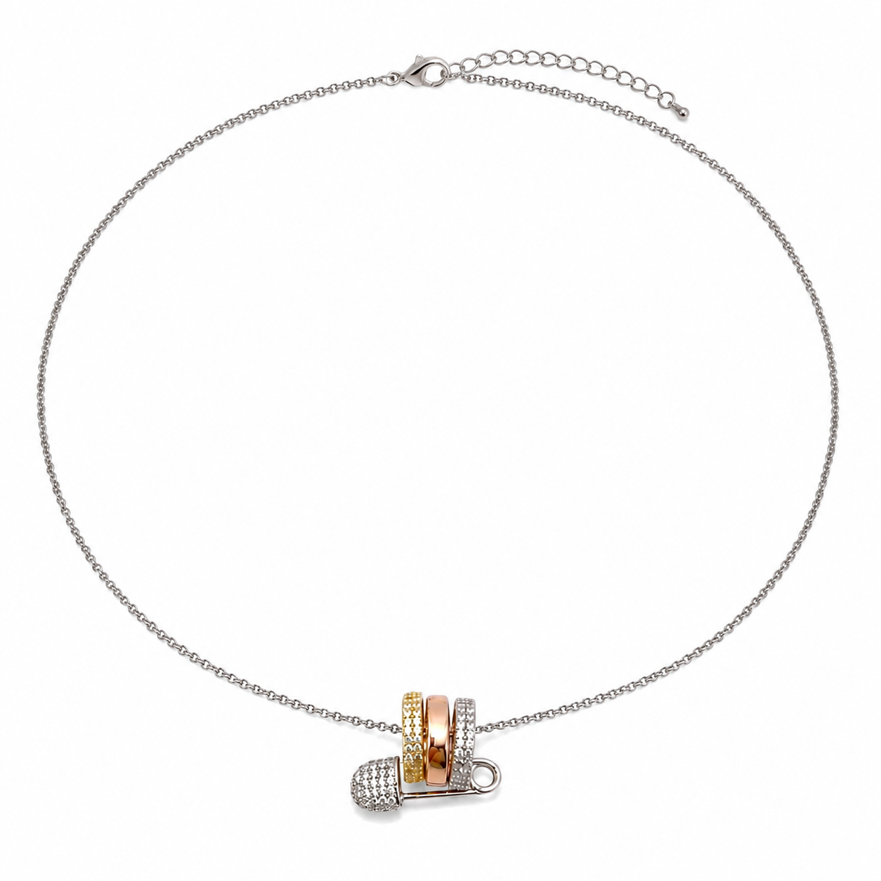 MONACO Necklace - Love, Smile, Bonheur Triple Hoop safety Pin Necklace
