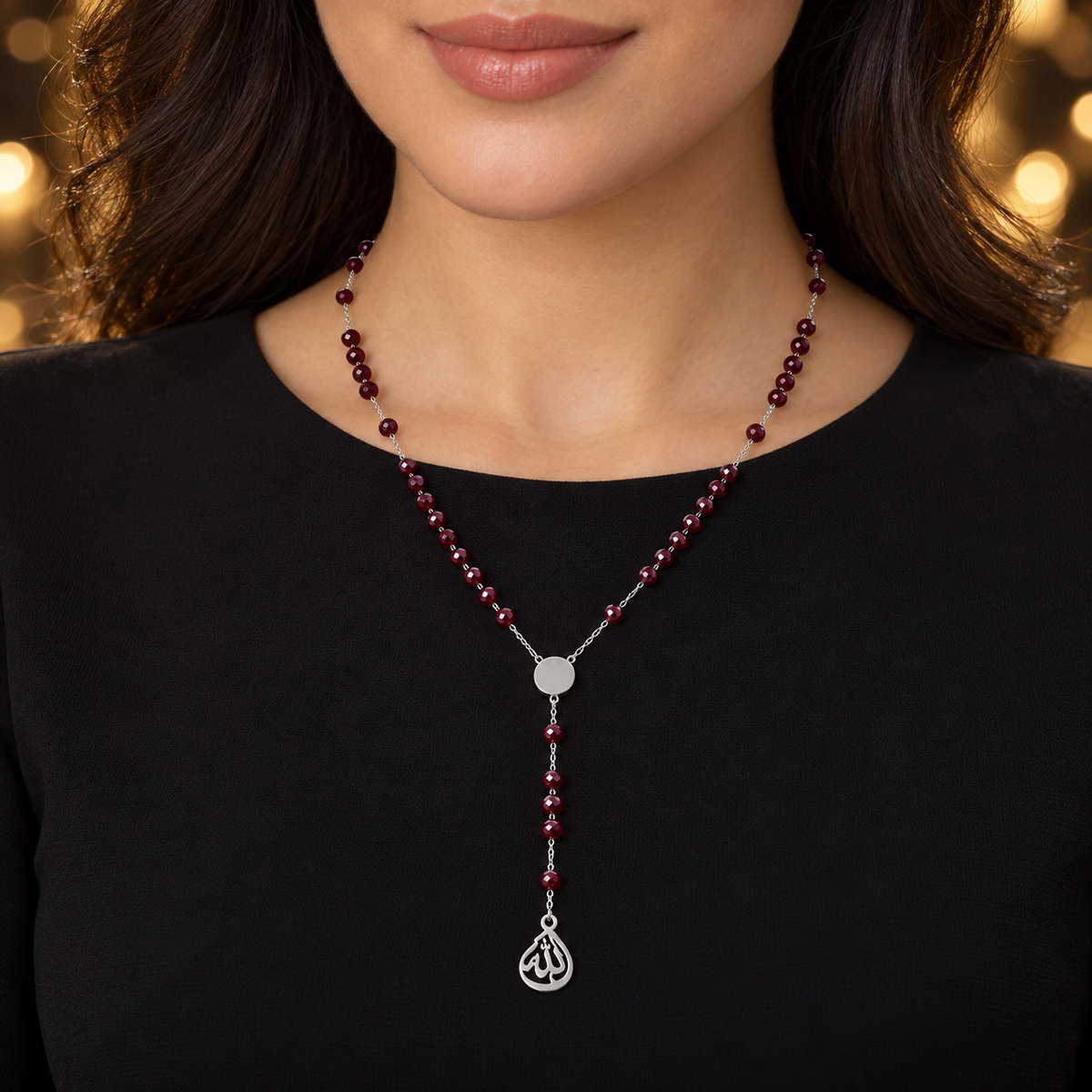 S.steel Beaded Rosary Necklace with Allah Pendant