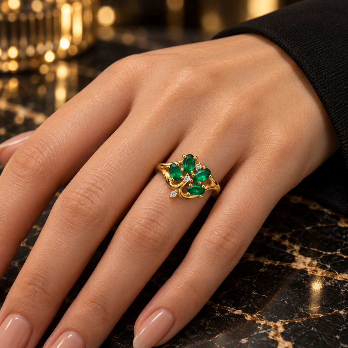 Emerald Blossom Ring – 18K Gold-Plated Elegance