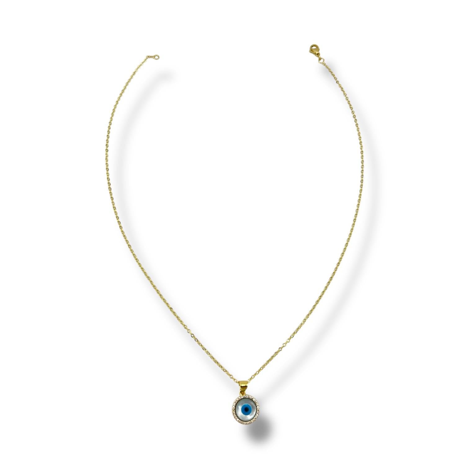 Round Evil Eye Pendant Necklace – Gold Plated Protection Charm