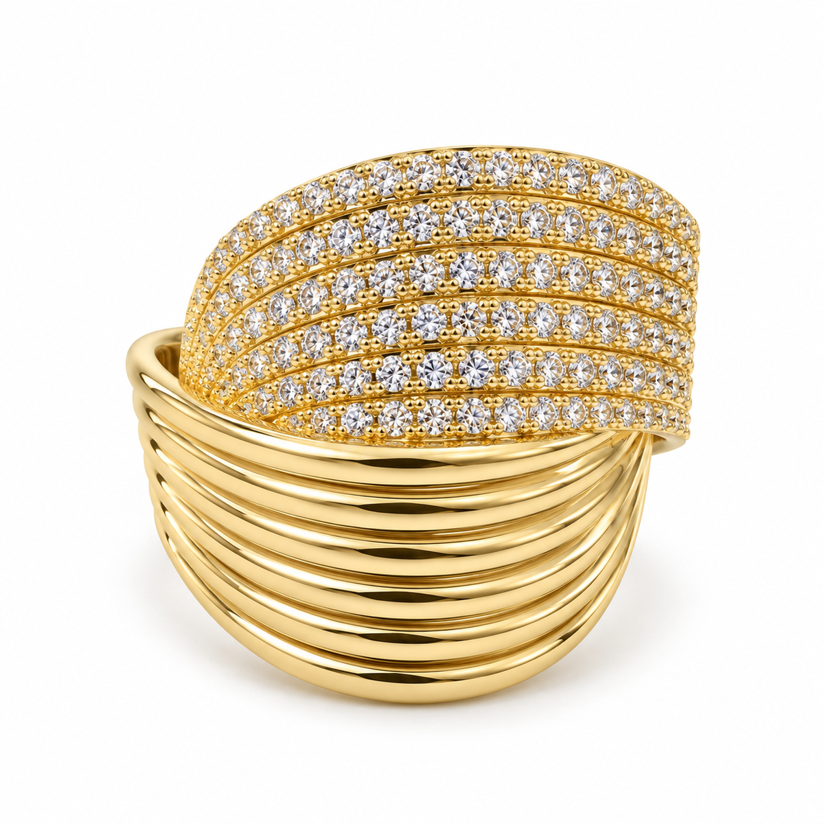 Luxe Wave Pavé Ring – High-Shine & Bold Glamour(free size)