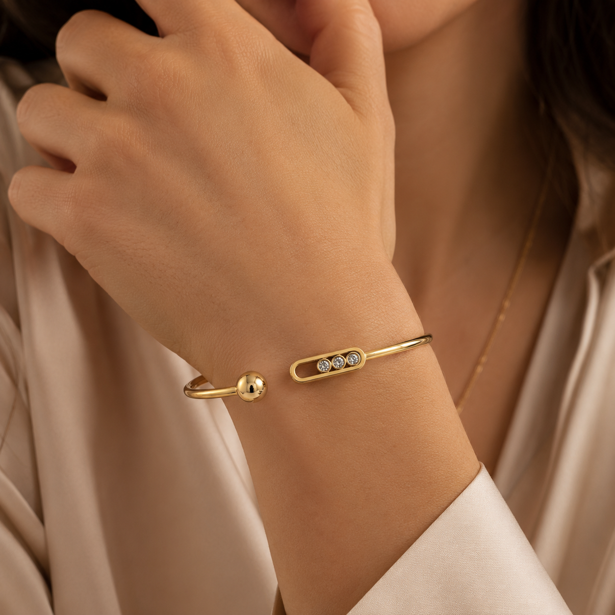 Messica Triple Crystal Open Cuff Bracelet – Gold & Silver ✨